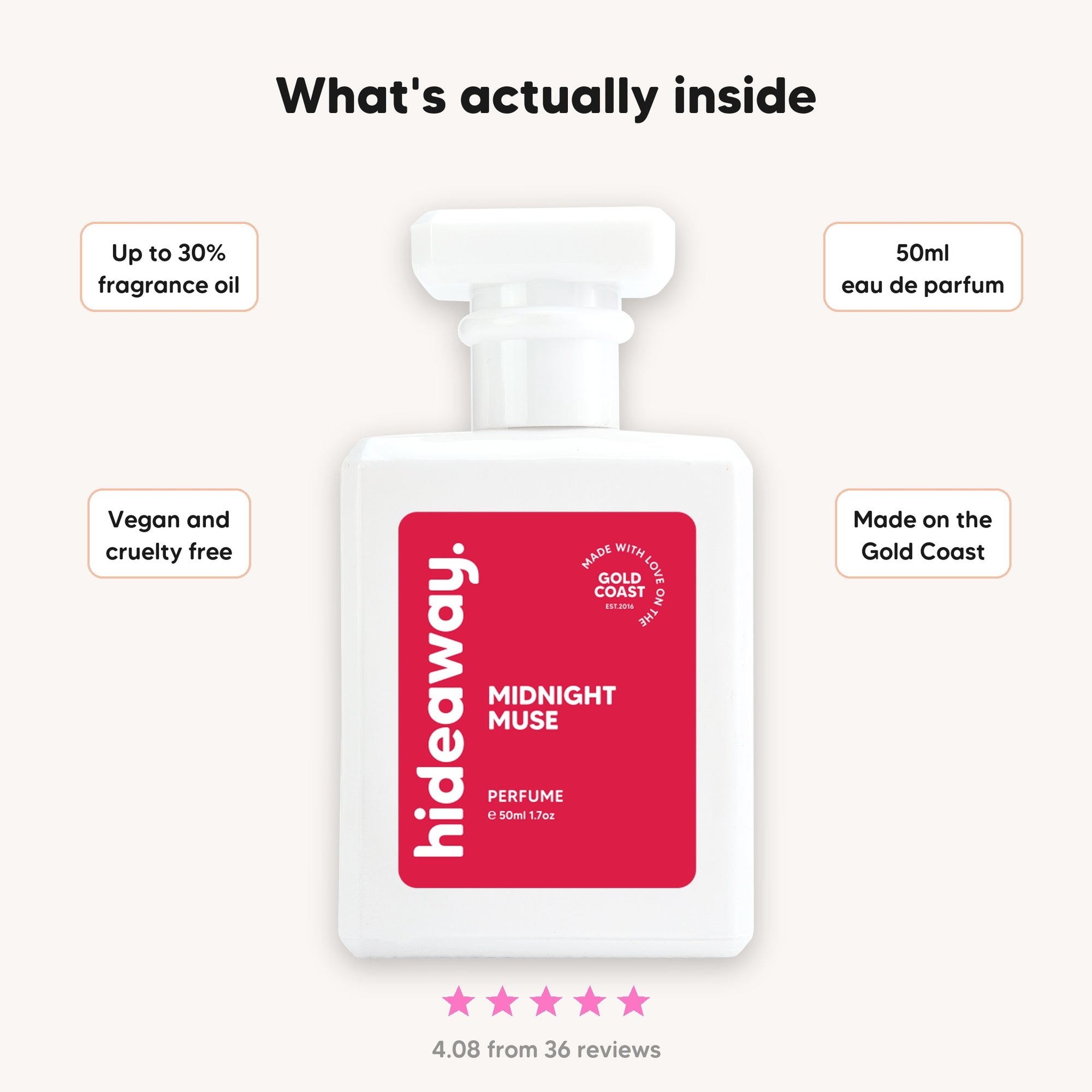 What's inside hideaway. Midnight Muse perfume, up to 30% fragrance oil, 50ml eau de parfum, vegan and cruelty free, made on the Gold Coast, rated 4.08 from 36 reviews
