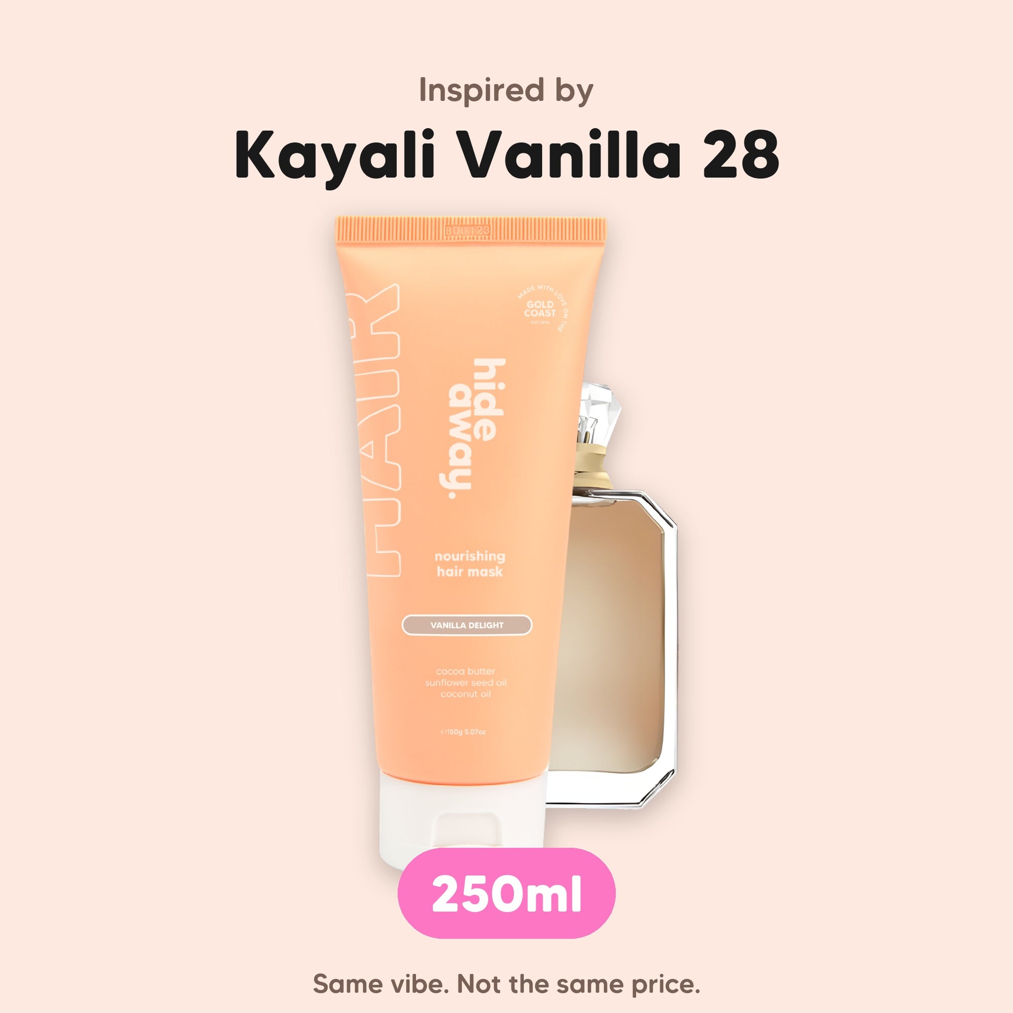hideaway. Vanilla Delight Hair Mask, inspired by Kayali Vanilla 28, 250ml, made in Australia