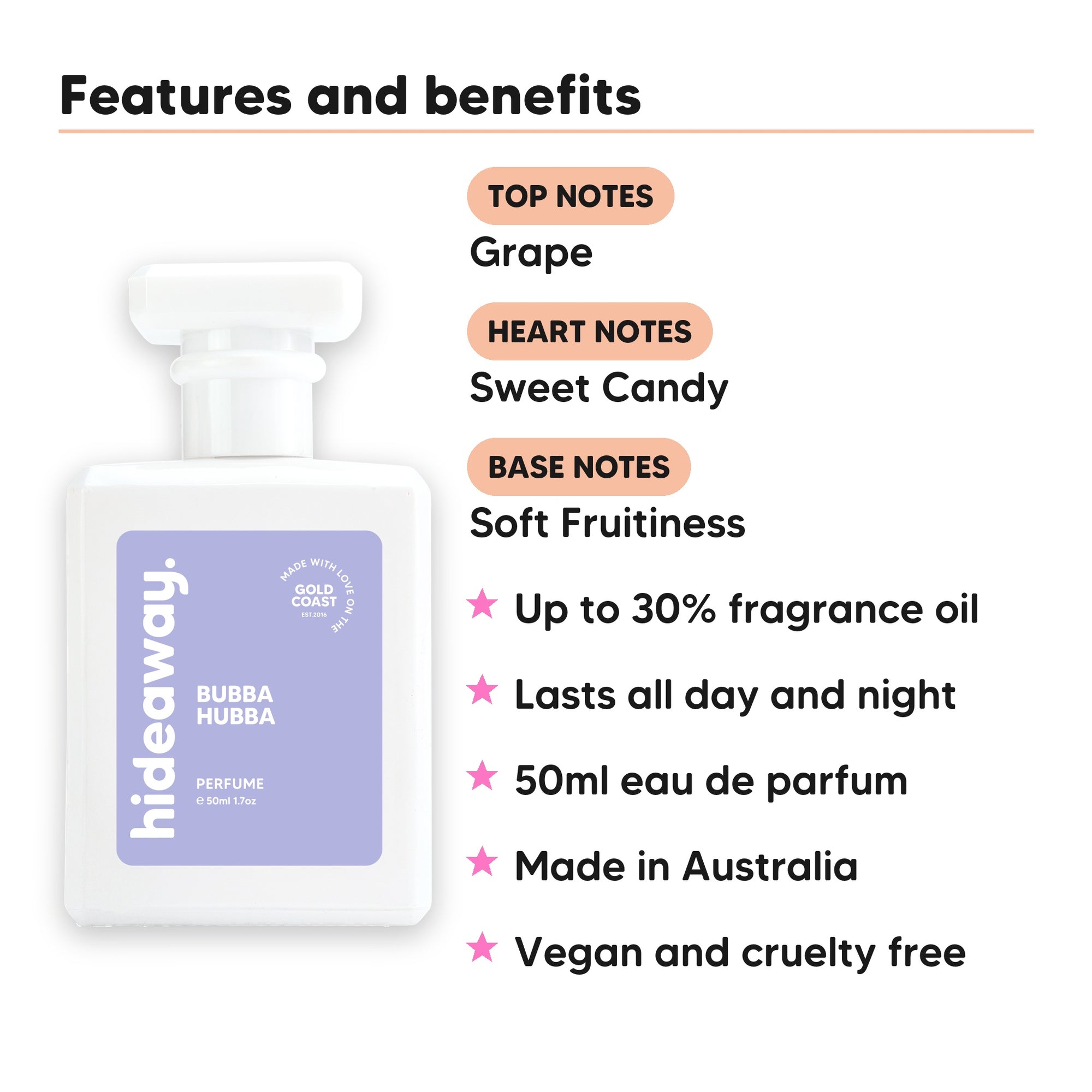 Bubba Hubba perfume scent notes, top notes Grape, heart notes Sweet Candy, base notes Soft Fruitiness
