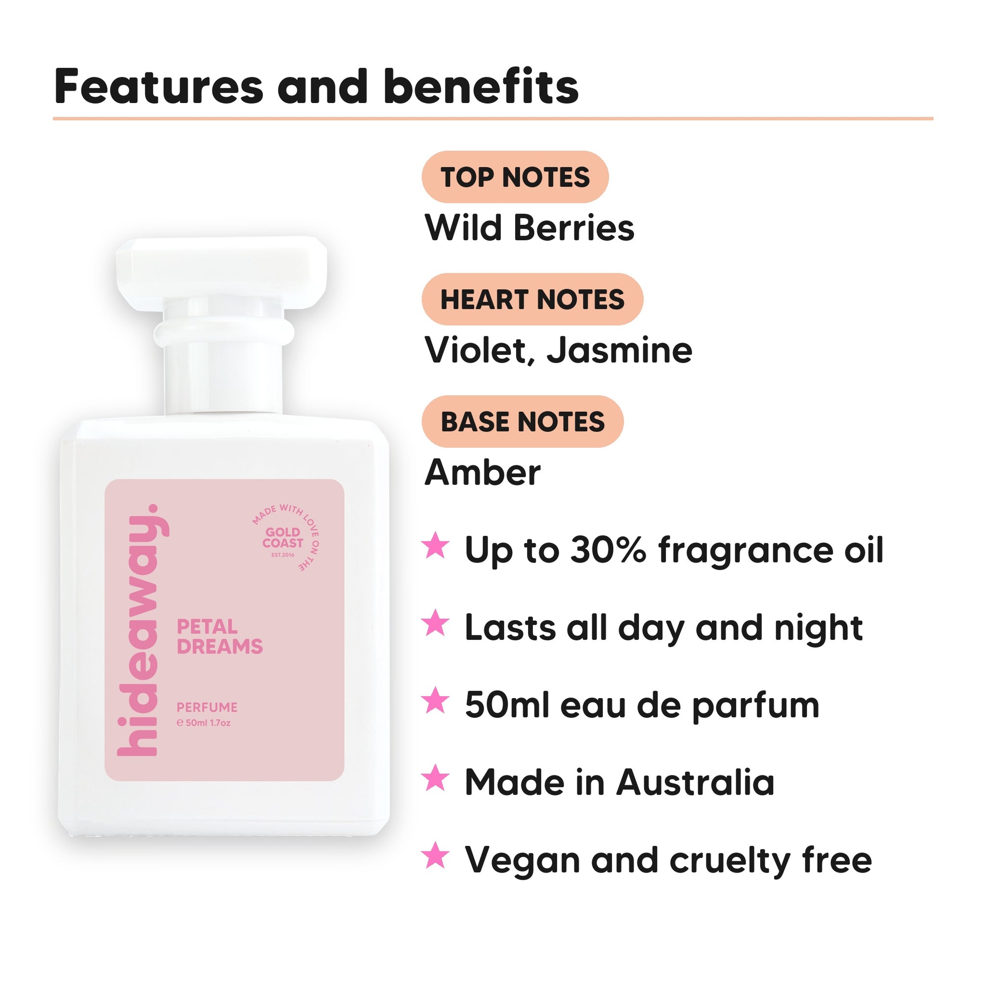 Petal Dreams perfume scent notes, top notes Wild Berries, heart notes Violet, Jasmine, base notes Amber