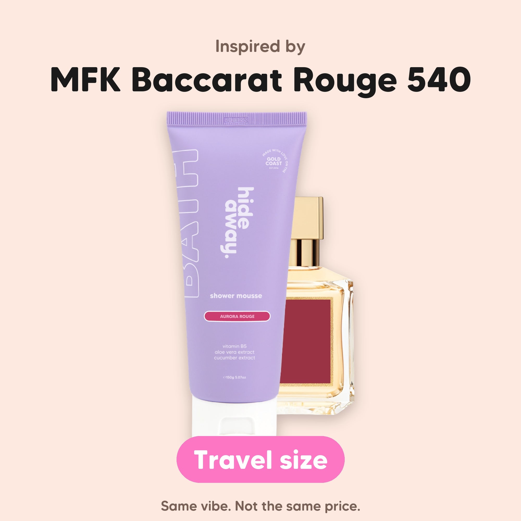 hideaway. Mini Aurora Rouge Shower Mousse, inspired by MFK Baccarat Rouge 540, travel size, made in Australia