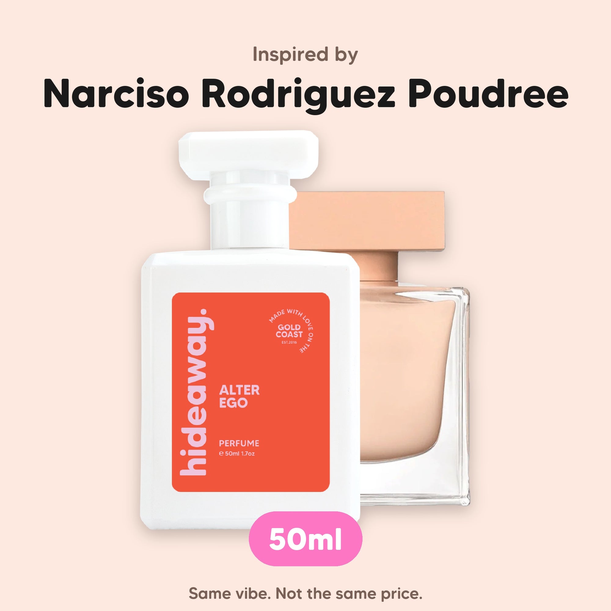 hideaway. Alter Ego perfume 50ml beside the Narciso Rodriguez Poudree bottle it is inspired by, handmade on the Gold Coast
