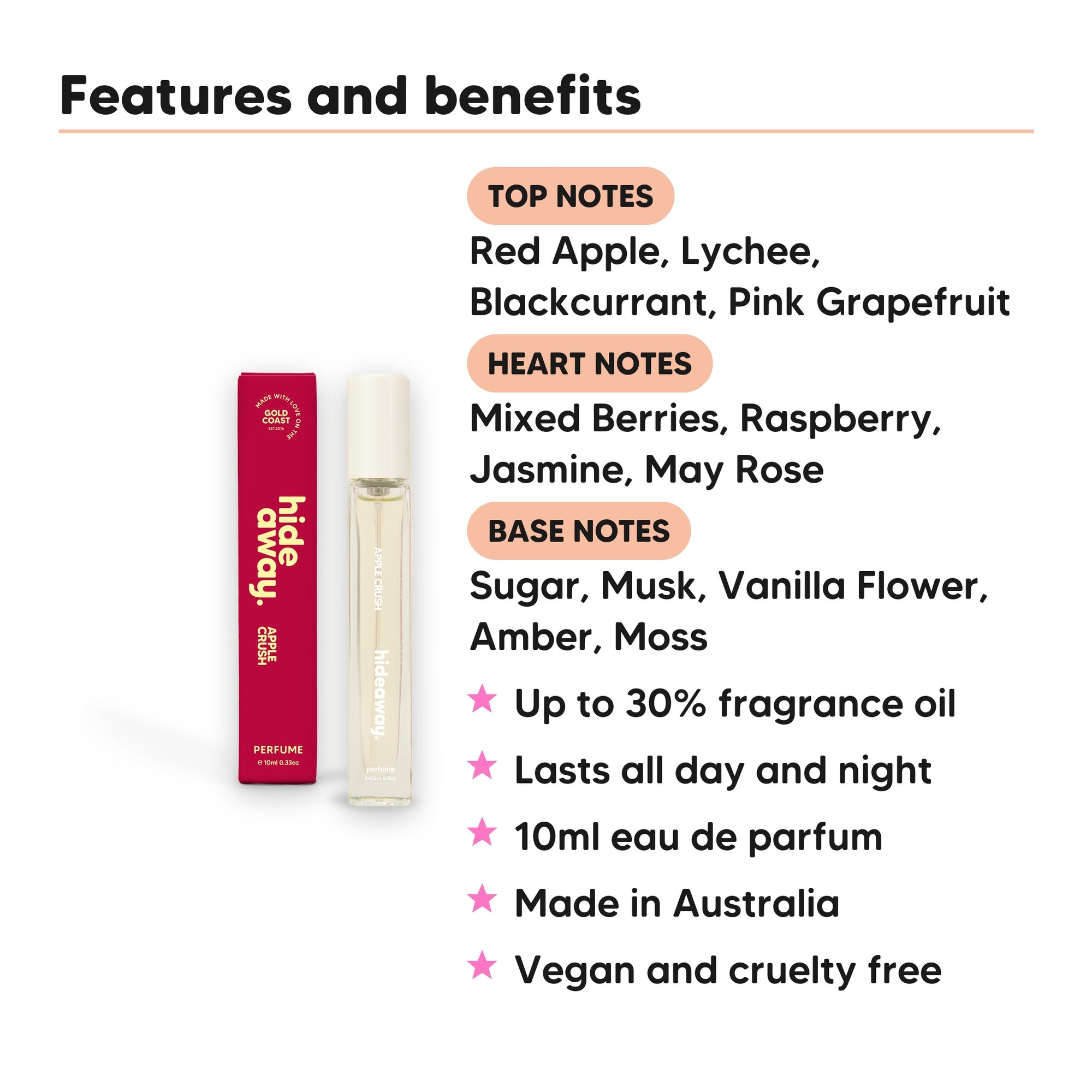 Apple Crush Perfume 10ml features, top notes Red Apple, Lychee, Blackcurrant, Pink Grapefruit, heart notes Mixed Berries, Raspberry, Jasmine, May Rose, base notes Sugar, Musk, Vanilla Flower, Amber, Moss, 10ml, vegan and cruelty free