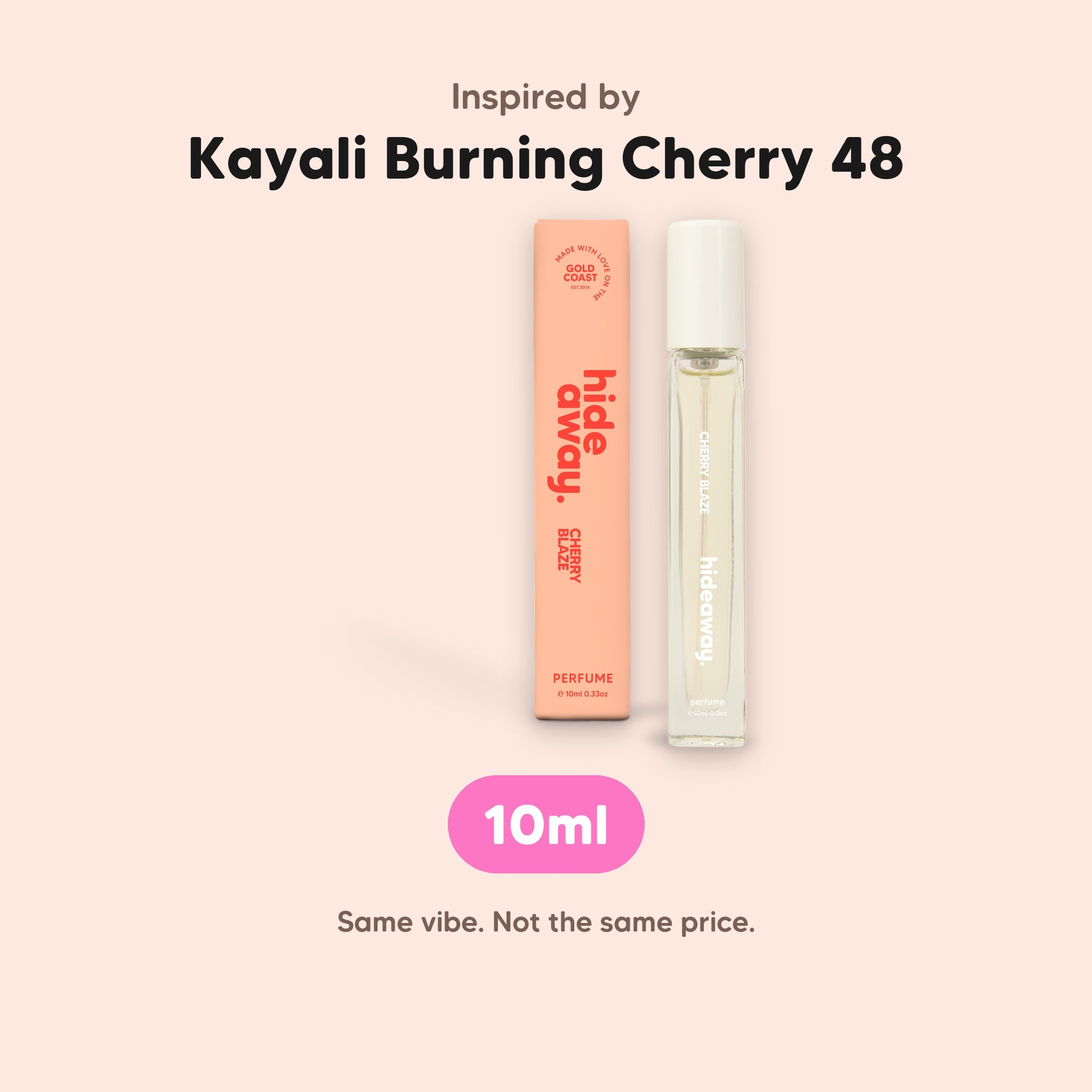 hideaway. Cherry Blaze Perfume 10ml, inspired by Kayali Burning Cherry 48, made in Australia