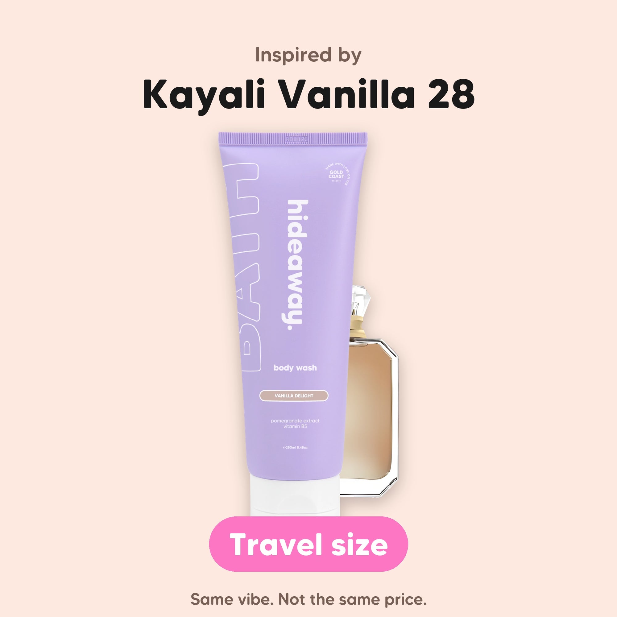 hideaway. Mini Vanilla Delight Body Wash, inspired by Kayali Vanilla 28, travel size, made in Australia