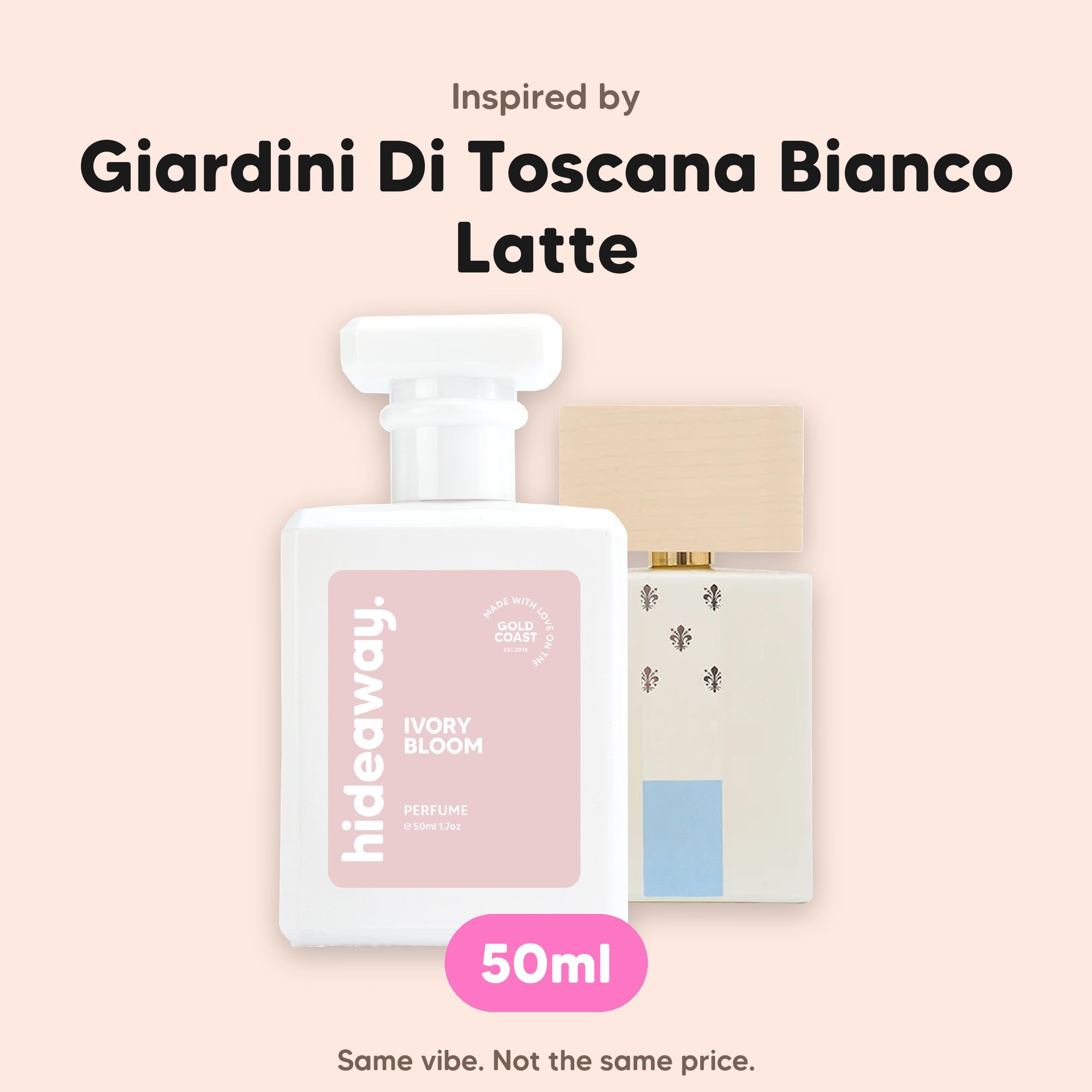 hideaway. Ivory Bloom perfume 50ml beside the Giardini Di Toscana Bianco Latte bottle it is inspired by, handmade on the Gold Coast