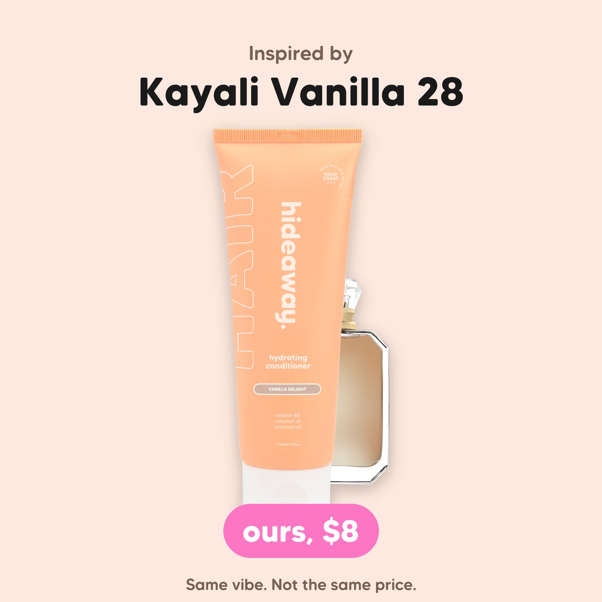 hideaway. Mini Vanilla Delight Conditioner, inspired by Kayali Vanilla 28, $8, made in Australia