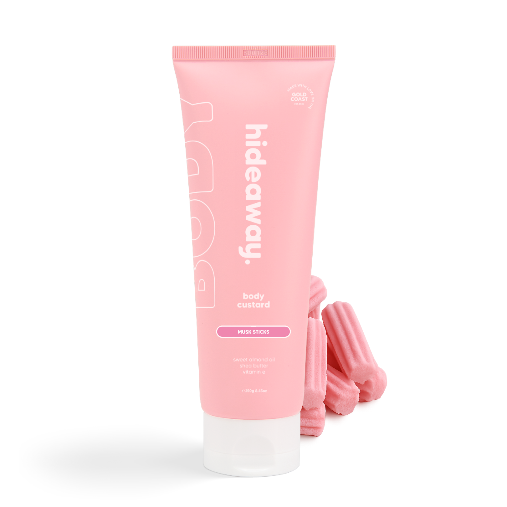 Pink tube of nostalgic body custard with a sweet musk stick candy scent. Soft, fluffy, and deliciously scented.