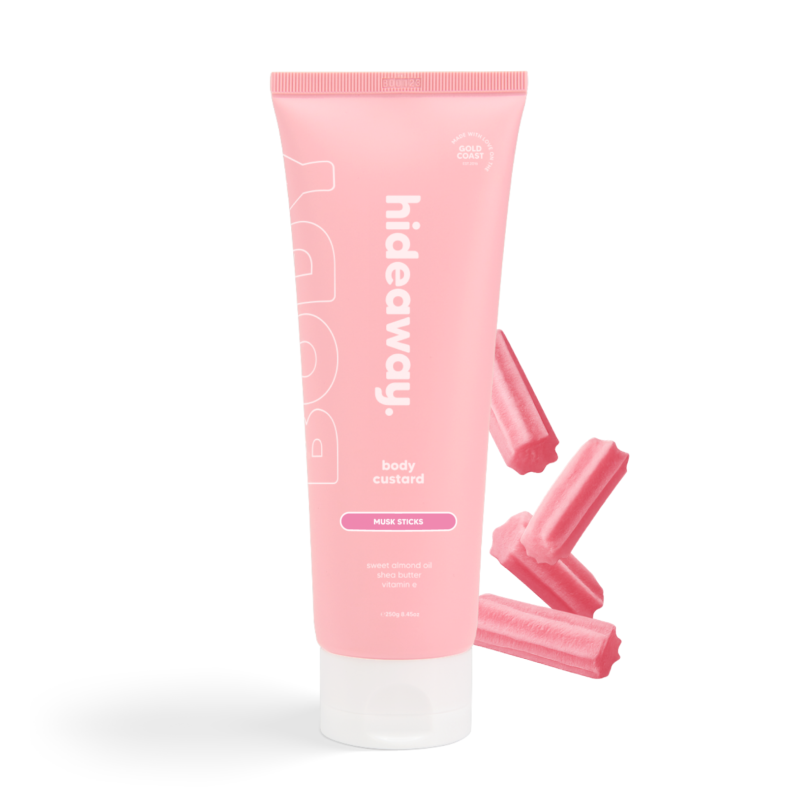 Pink tube of nostalgic body custard with a sweet musk stick candy scent. Soft, fluffy, and deliciously scented.