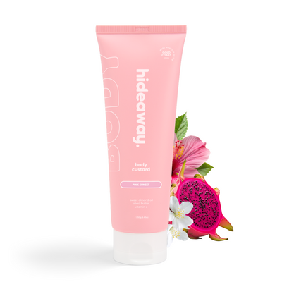 Pink tube of dreamy body custard with a fruity, floral sunset-inspired scent. Light, silky, and ultra moisturising.