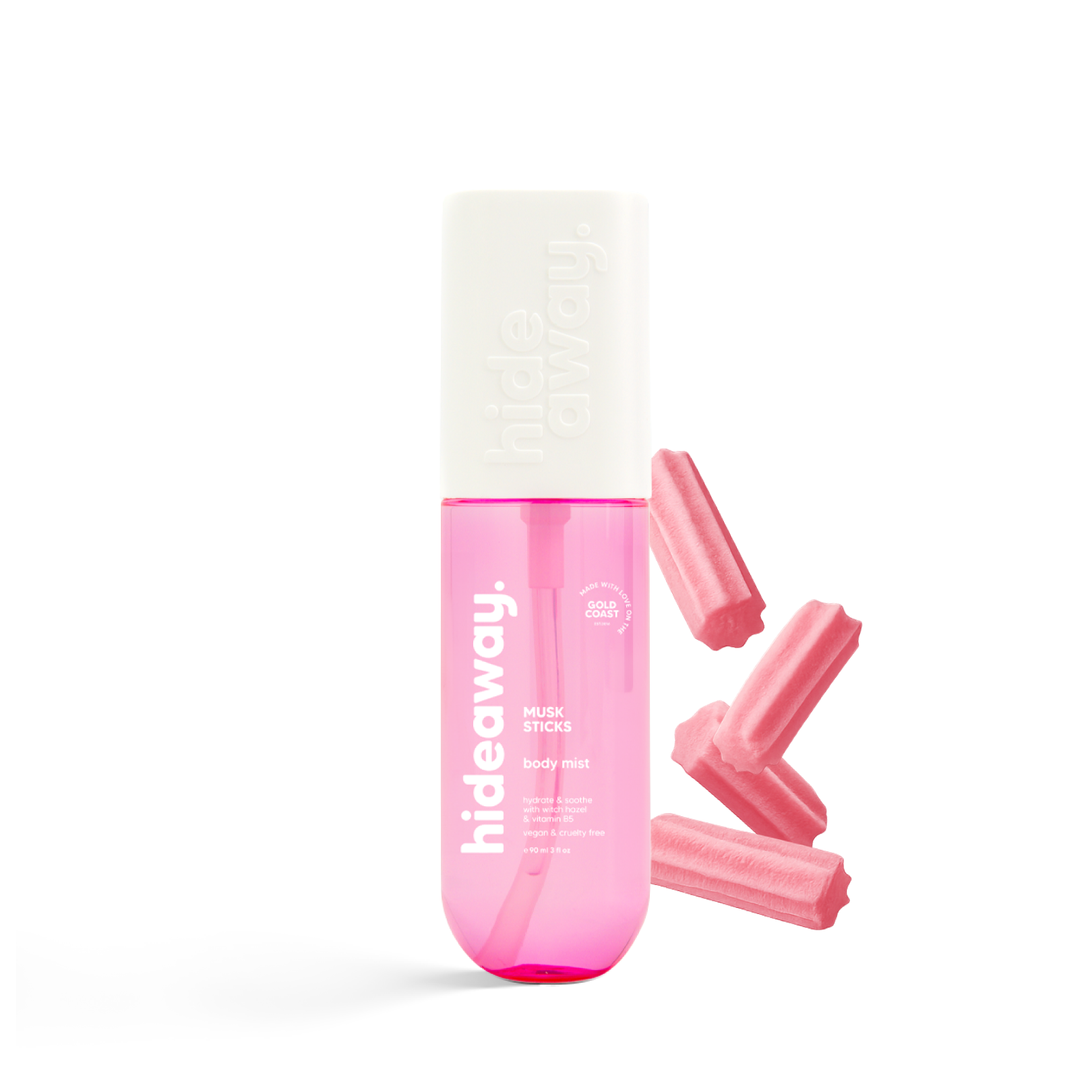 Playful body mist with the sweet scent of musk stick candy. Light, nostalgic, and sugary-sweet.