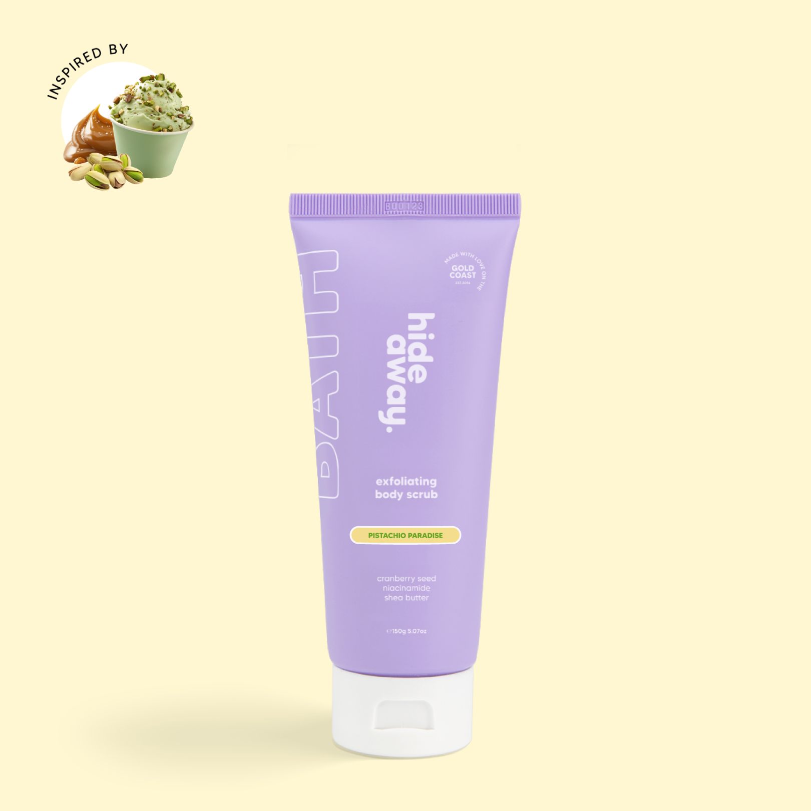 Decadent scrub with pistachio, vanilla, and caramel. Leaves skin soft, smooth, and glowing.