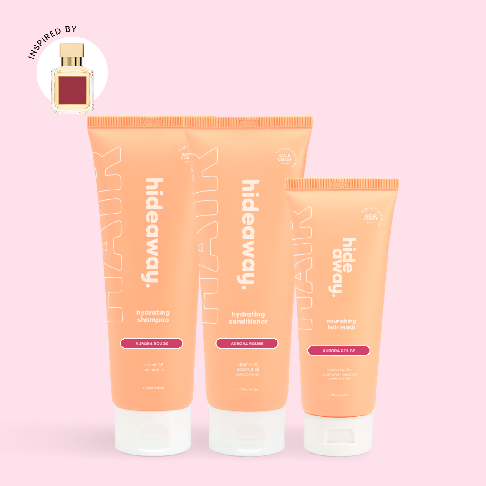 Hair care trio with red berries, florals, and musk. Bold scent, deep hydration, and silky results.