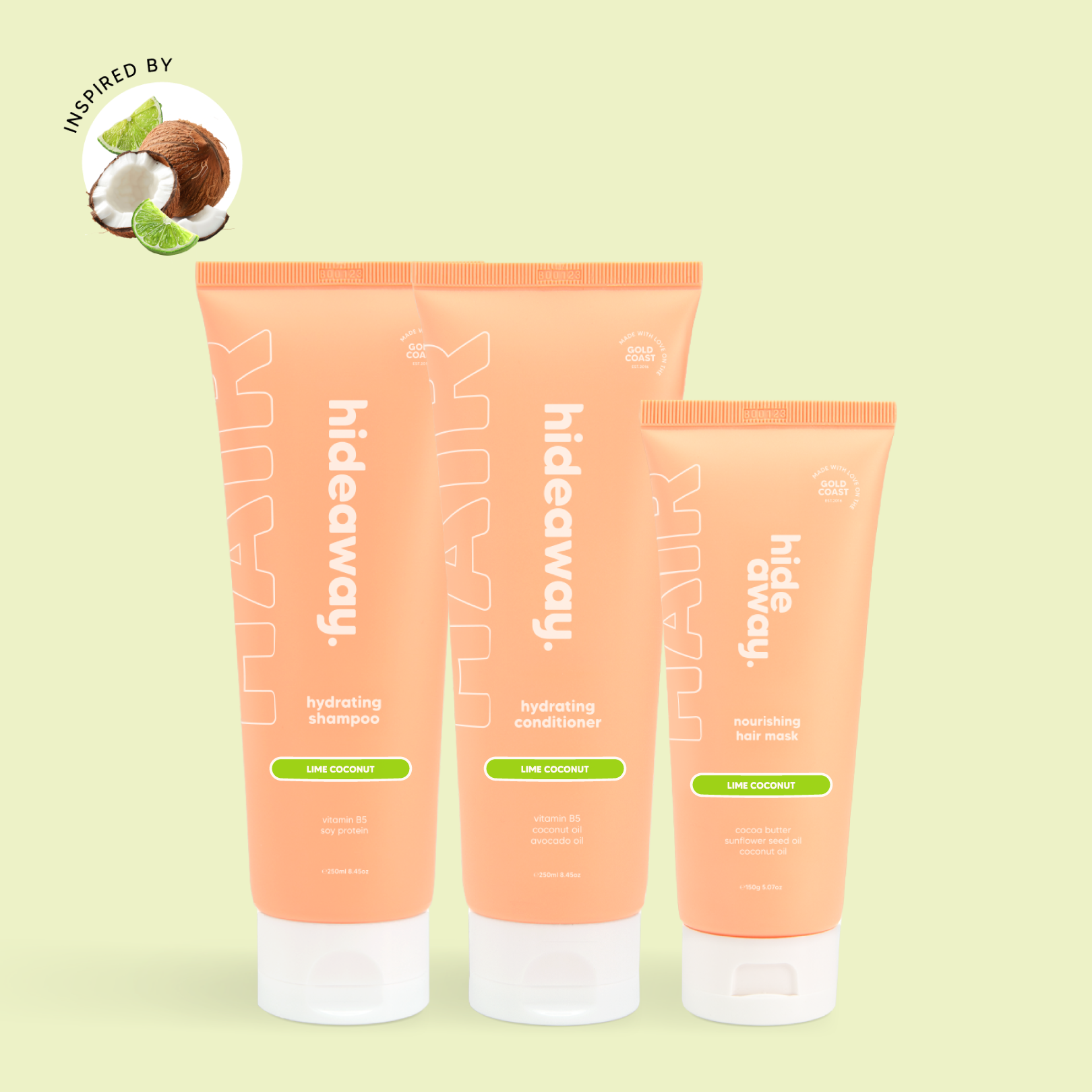 Zesty shampoo, conditioner & mask with lime and coconut. Refreshes, hydrates, and softens hair.