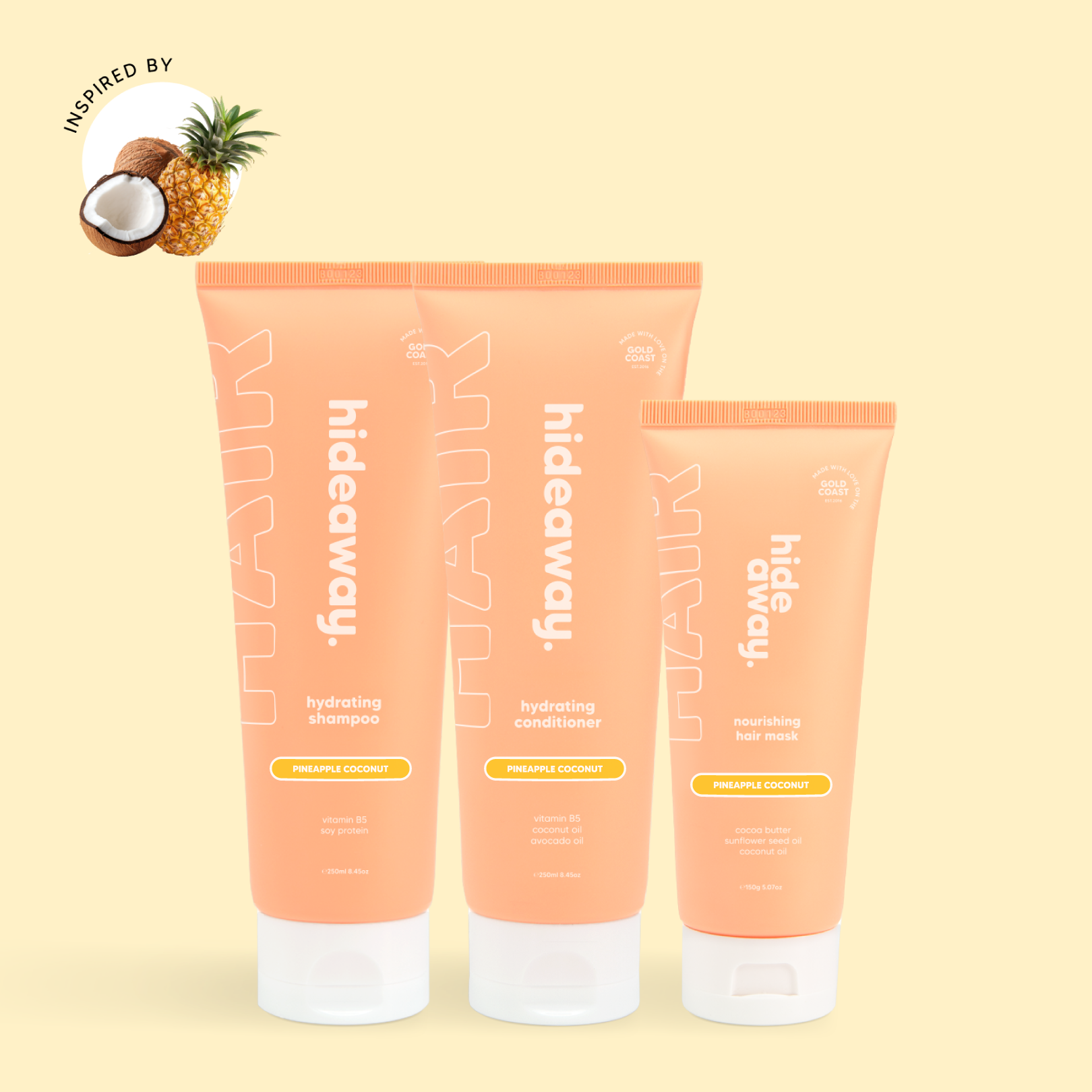 Tropical hair trio with juicy pineapple and creamy coconut. Nourishes, smooths, and smells like summer.