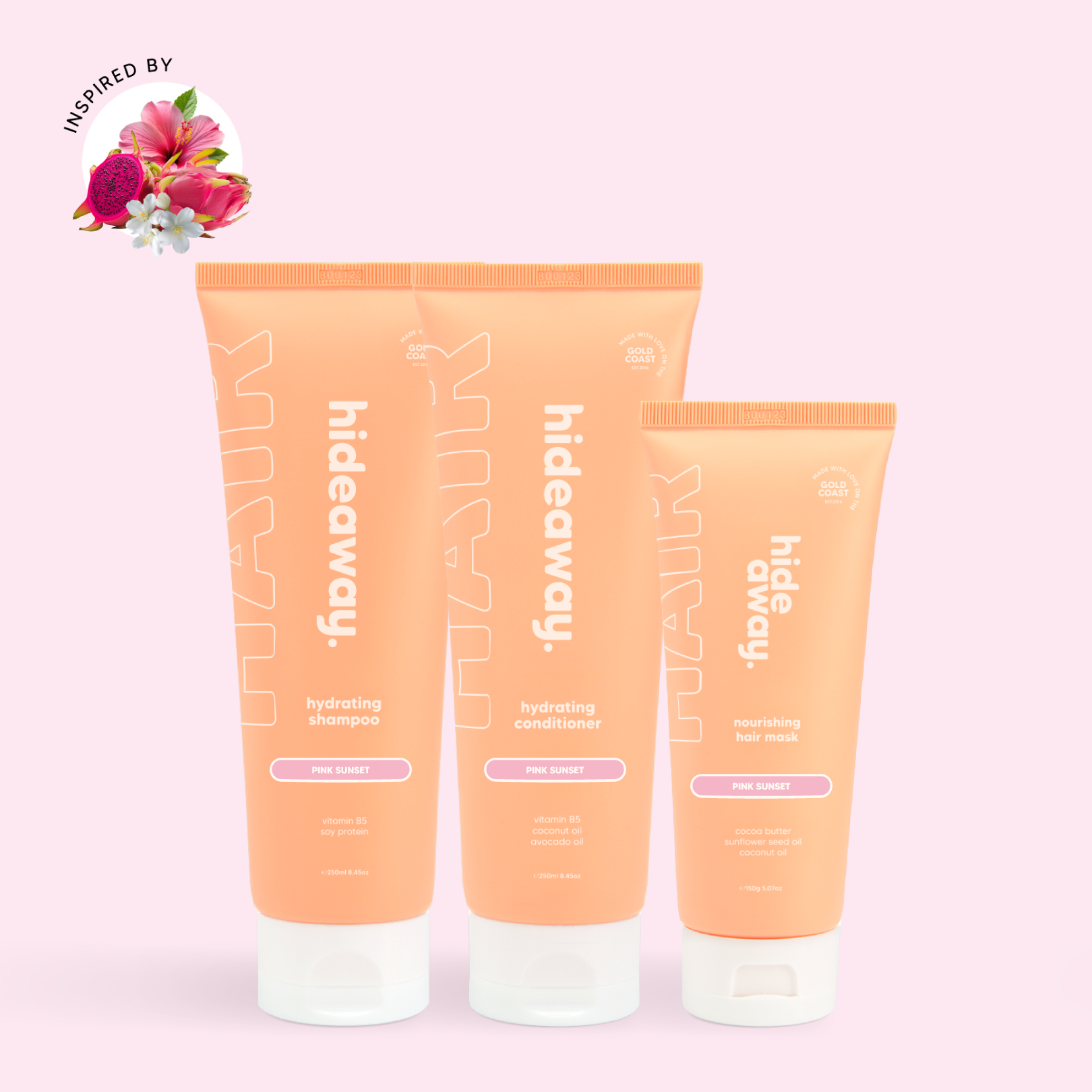 Dreamy hair trio with fruity florals. Adds shine, hydration, and a sweet, summery scent.