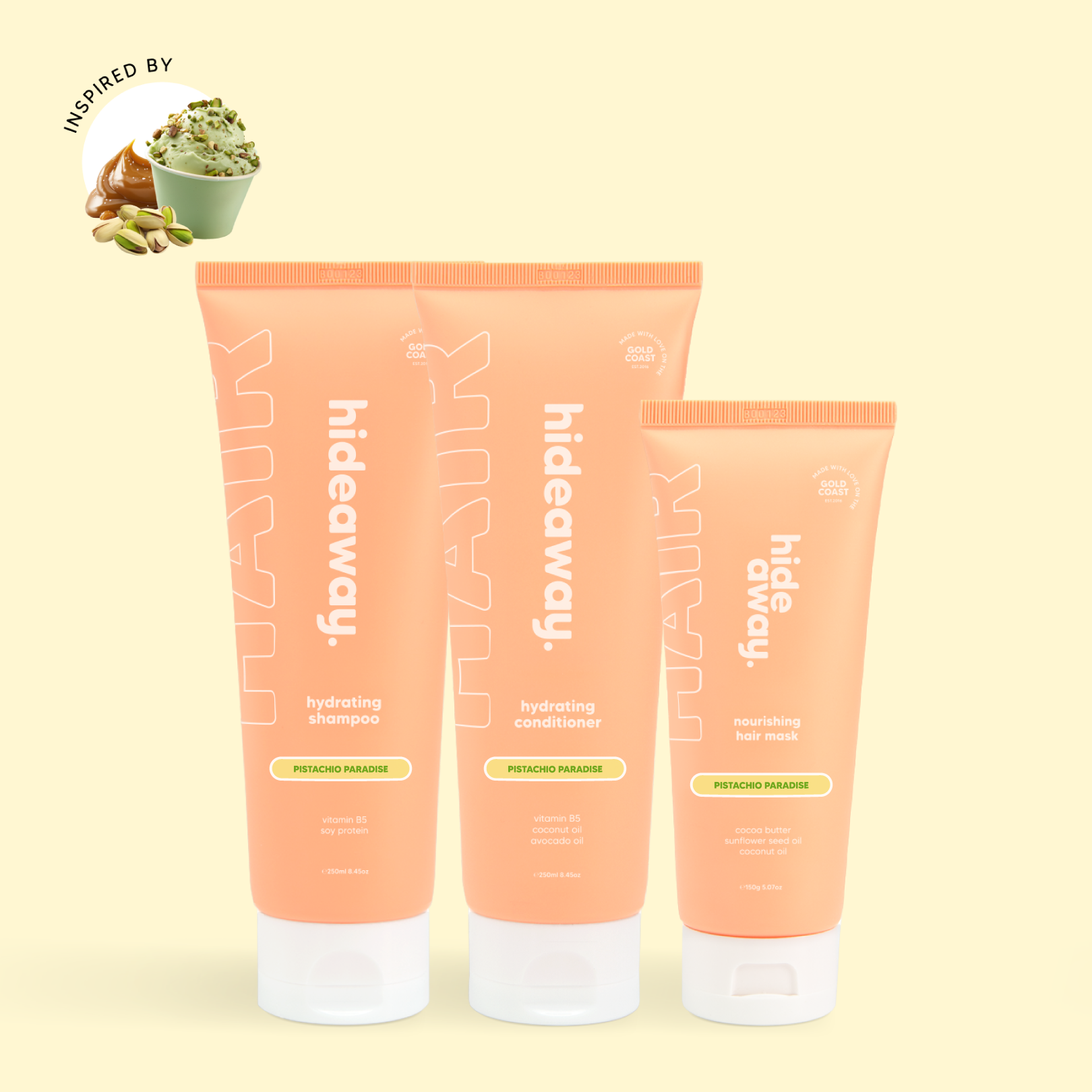 Luxe hair care set with pistachio, vanilla, and caramel. Deeply nourishing and oh-so-creamy.