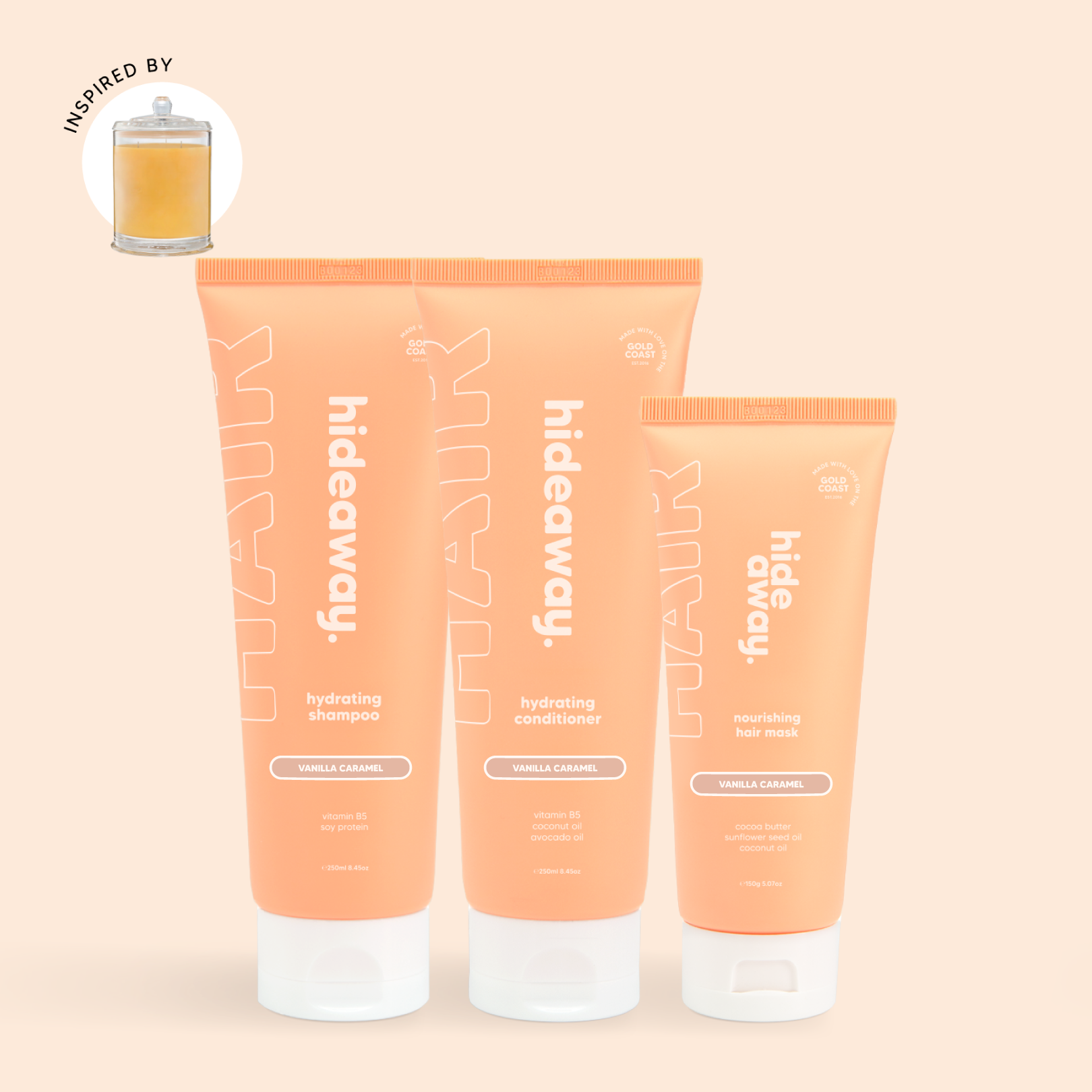 Shampoo, conditioner &amp; mask trio with a warm vanilla caramel scent. Hydrating, creamy, and indulgent.