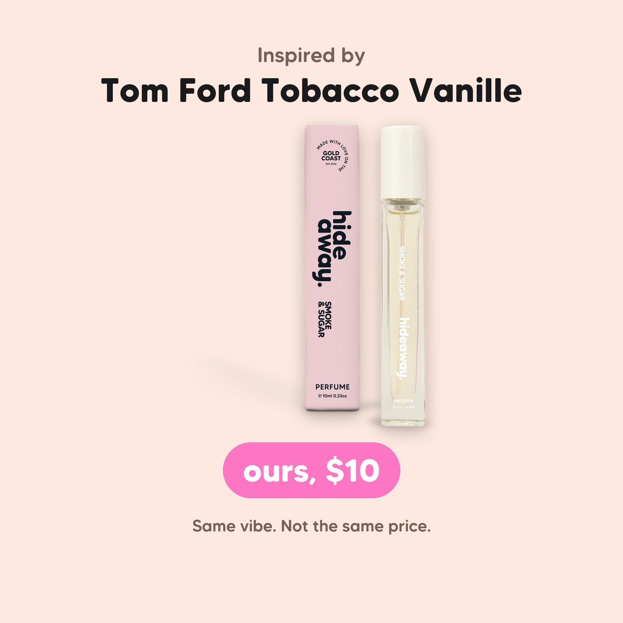 hideaway. Smoke & Sugar Perfume 10ml, inspired by Tom Ford Tobacco Vanille, $10, made in Australia