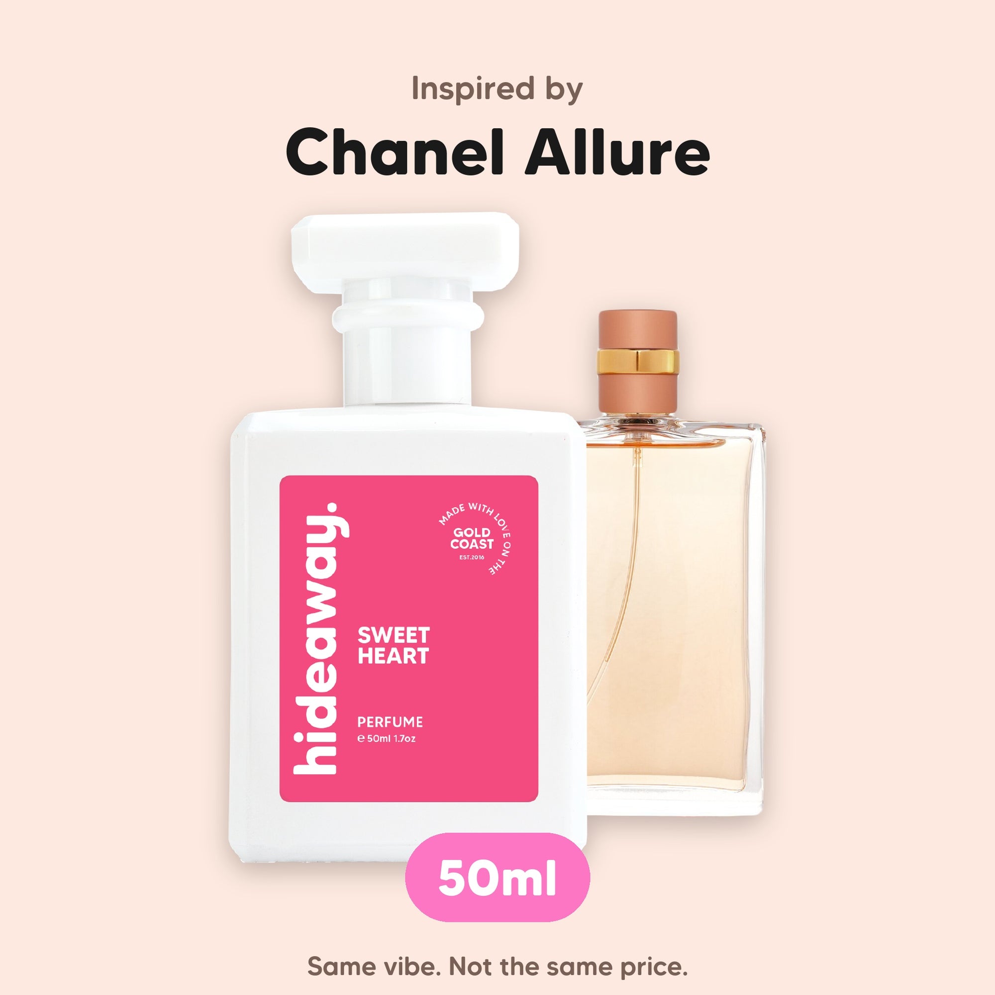 hideaway. Sweet Heart perfume 50ml beside the Chanel Allure bottle it is inspired by, handmade on the Gold Coast