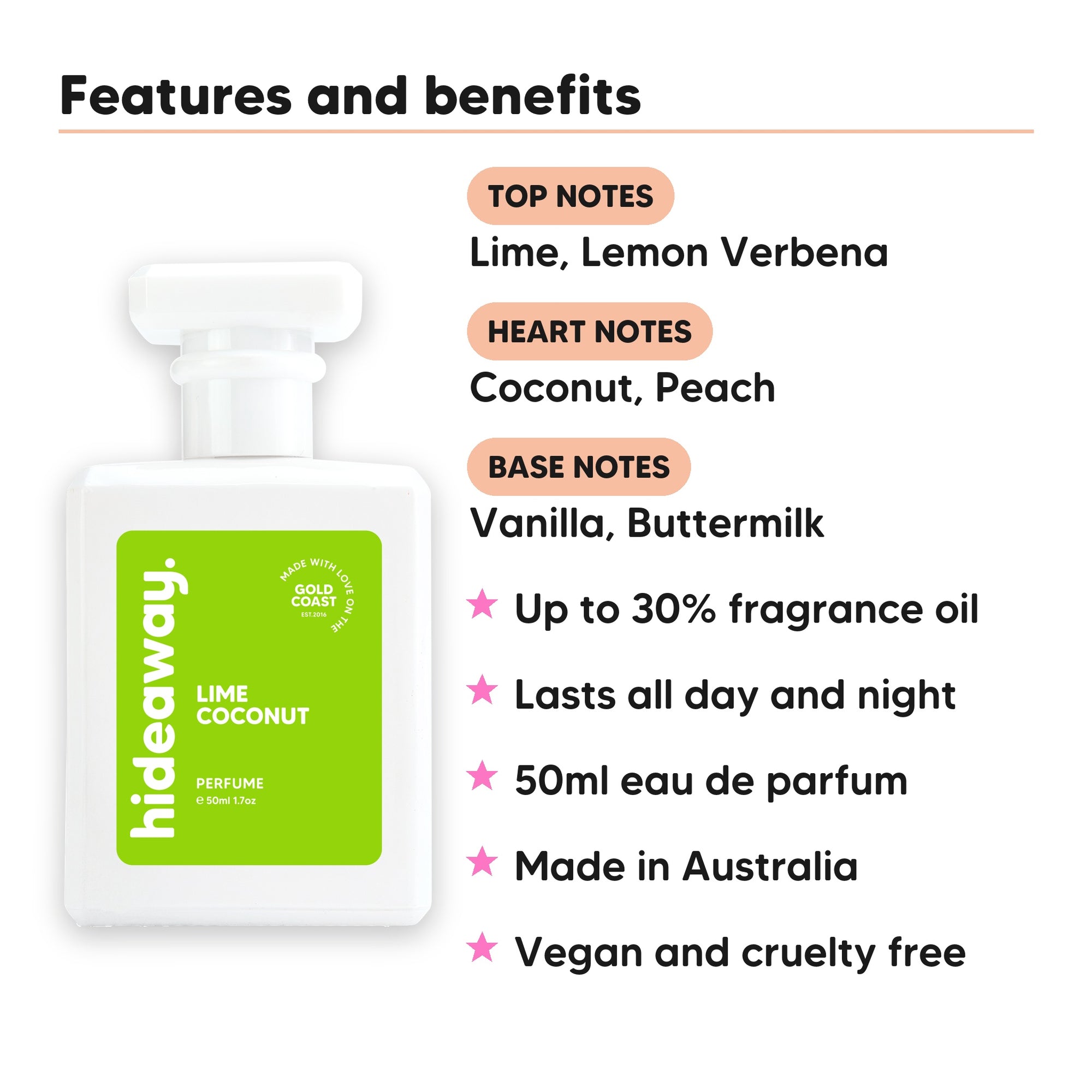 Lime Coconut perfume scent notes, top notes Lime, Lemon Verbena, heart notes Coconut, Peach, base notes Vanilla, Buttermilk
