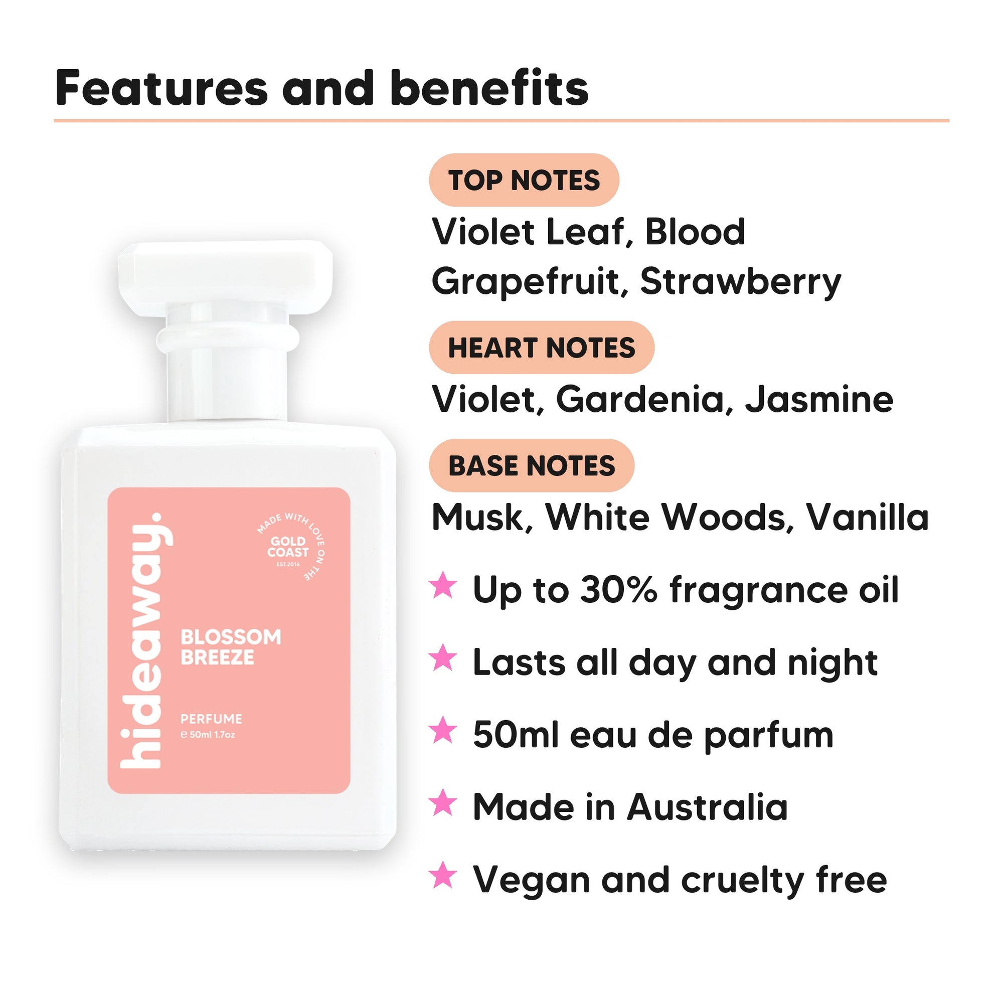 Blossom Breeze perfume scent notes, top notes Violet Leaf, Blood Grapefruit, Strawberry, heart notes Violet, Gardenia, Jasmine, base notes Musk, White Woods, Vanilla