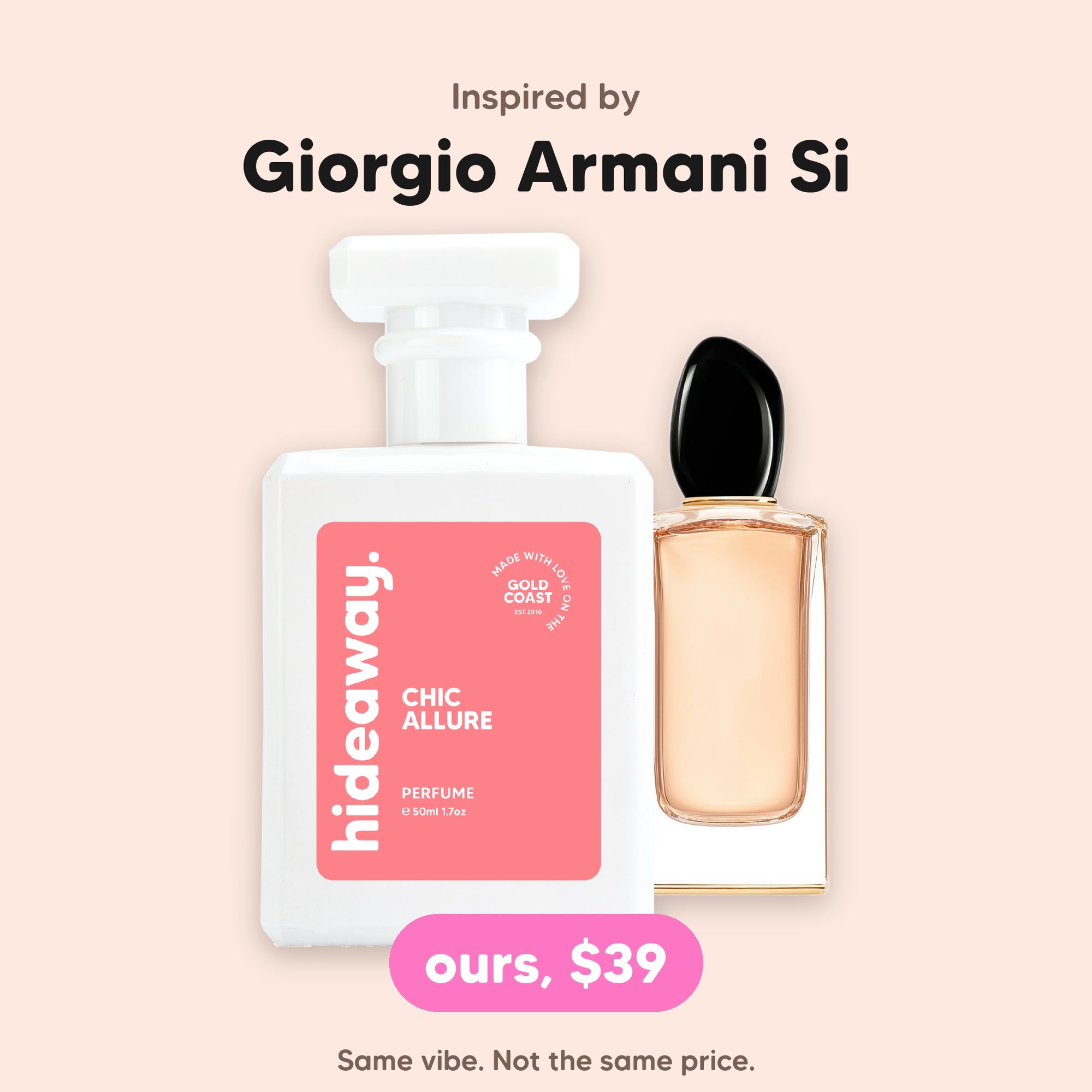 hideaway. Chic Allure perfume 50ml beside the Giorgio Armani Si bottle it is inspired by, $39, handmade on the Gold Coast