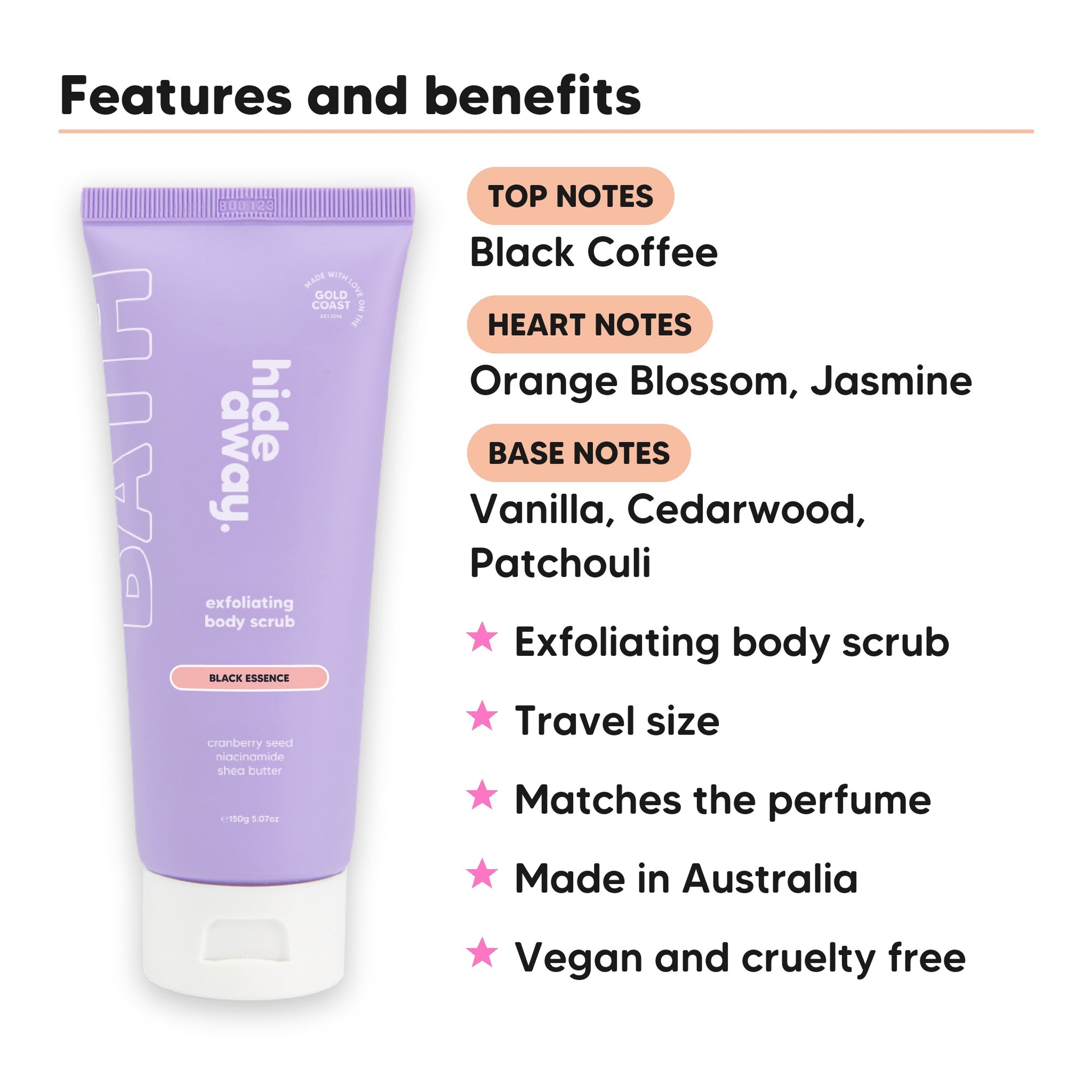 Mini Black Essence Body Scrub features, top notes Black Coffee, heart notes Orange Blossom, Jasmine, base notes Vanilla, Cedarwood, Patchouli, travel size, vegan and cruelty free