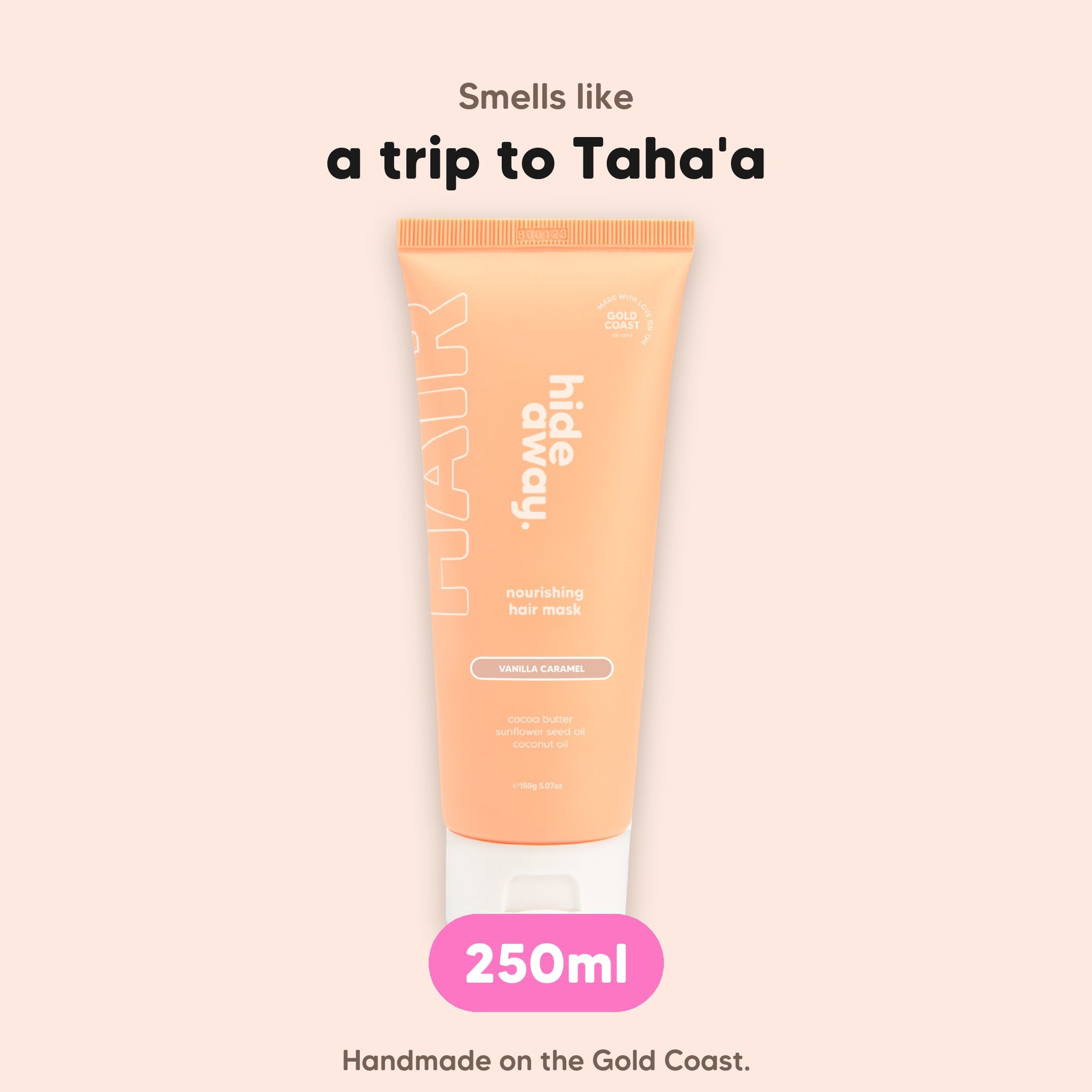 hideaway. Vanilla Caramel Hair Mask, 250ml, vegan and made in Australia