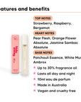 City of Love Perfume 10ml features, top notes Strawberry, Raspberry, Bergamot, heart notes Pear Flesh, Orange Flower Absolute, Jasmine Sambac Absolute, base notes Patchouli Essence, White Musk, Ambrox, 10ml, vegan and cruelty free