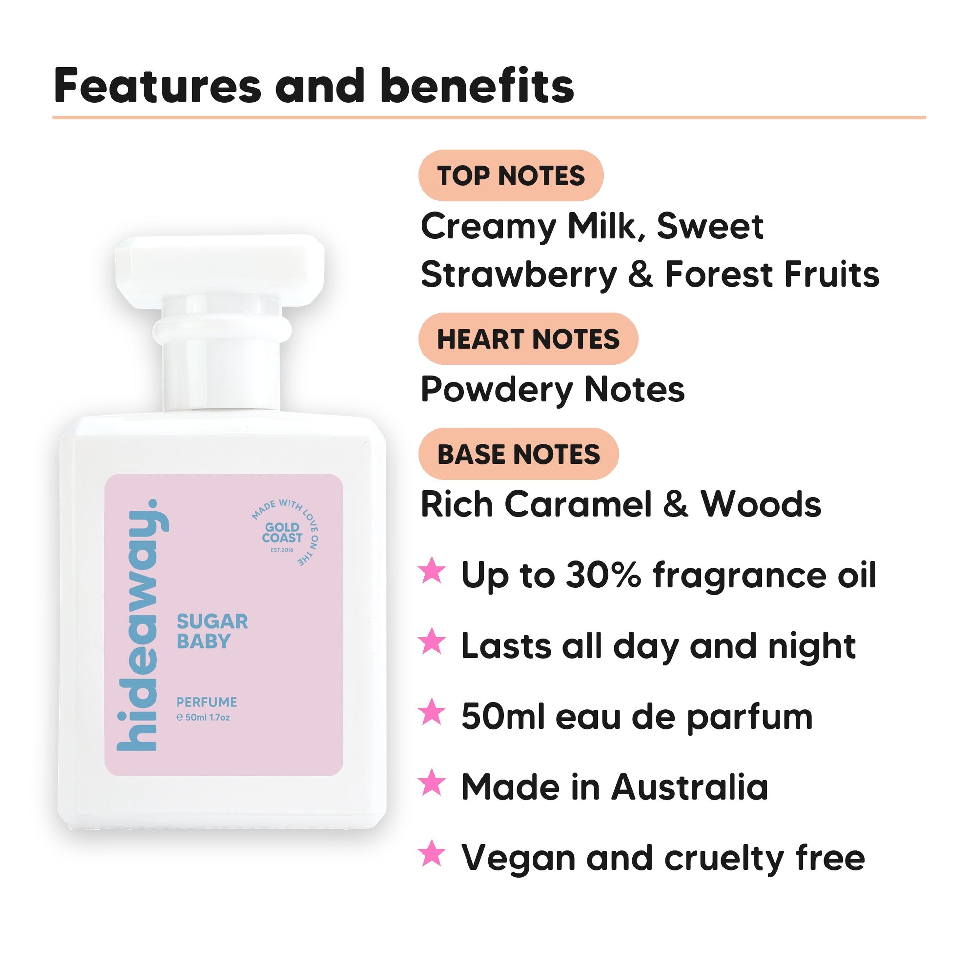 Sugar Baby perfume scent notes, top notes Creamy Milk, Sweet Strawberry & Forest Fruits., heart notes Powdery Notes., base notes Rich Caramel & Woods.