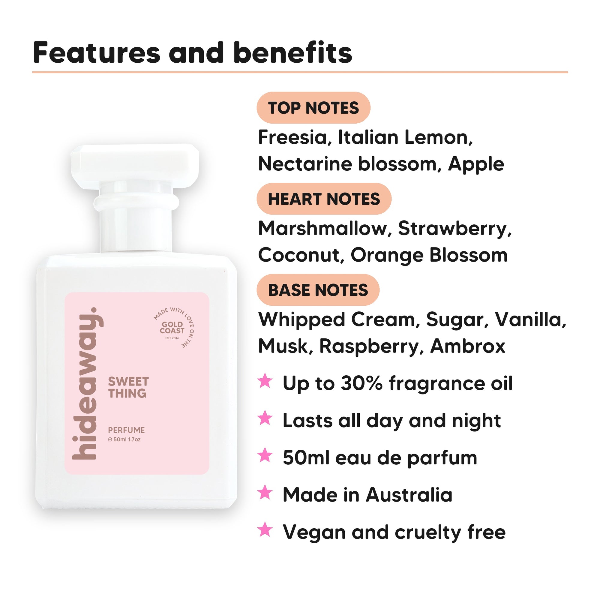 Sweet Thing perfume scent notes, top notes Freesia, Italian Lemon, Nectarine blossom, Apple, heart notes Marshmallow, Strawberry, Coconut, Orange Blossom, base notes Whipped Cream, Sugar, Vanilla, Musk, Raspberry, Ambrox