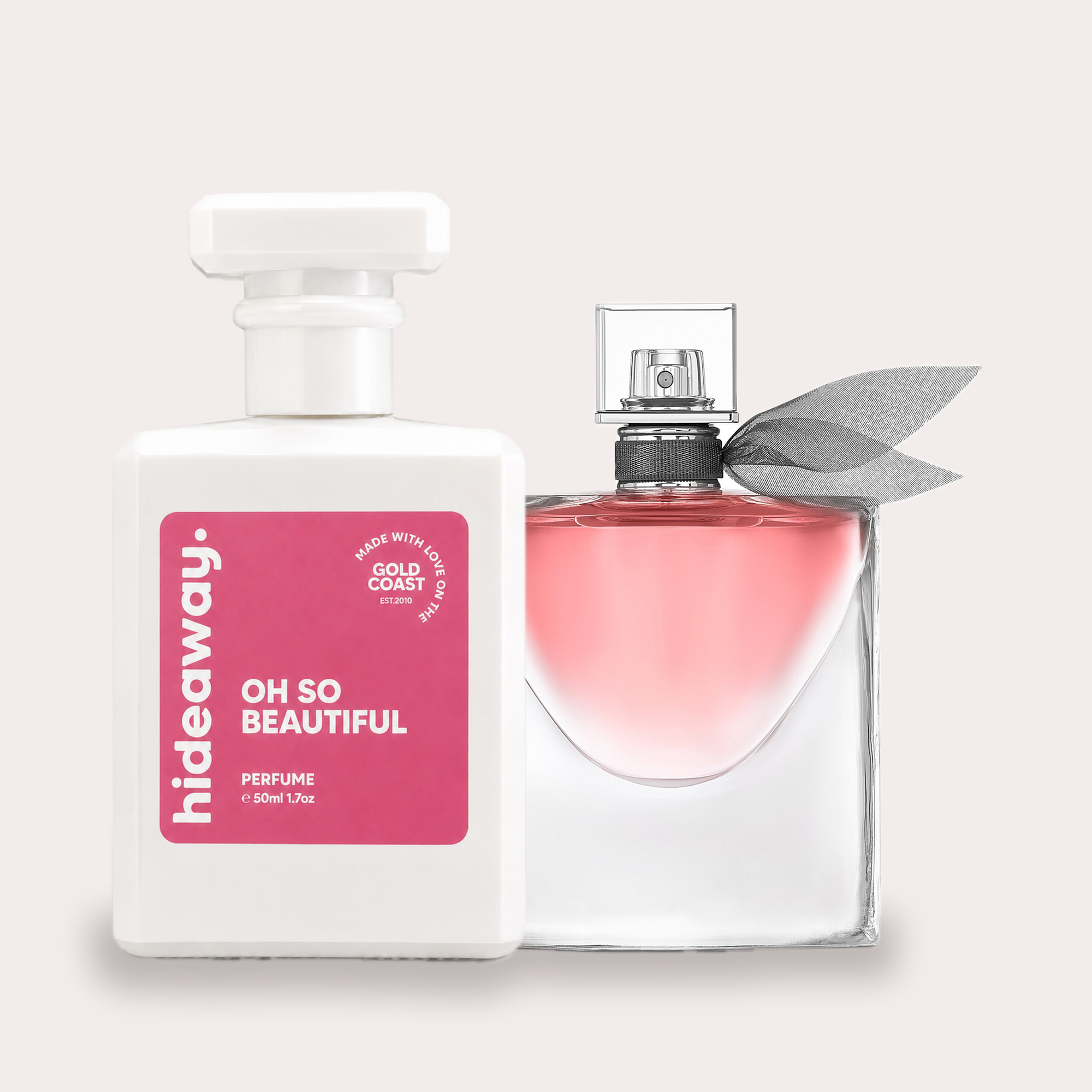 hideaway. Oh So Beautiful perfume 50ml beside the Lancome La Vie Est Belle bottle it is inspired by