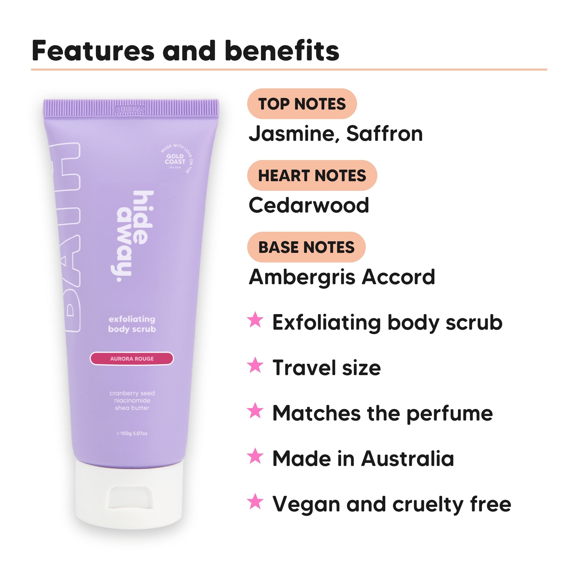 Mini Aurora Rouge Body Scrub features, top notes Jasmine, Saffron, heart notes Cedarwood, base notes Ambergris Accord, travel size, vegan and cruelty free