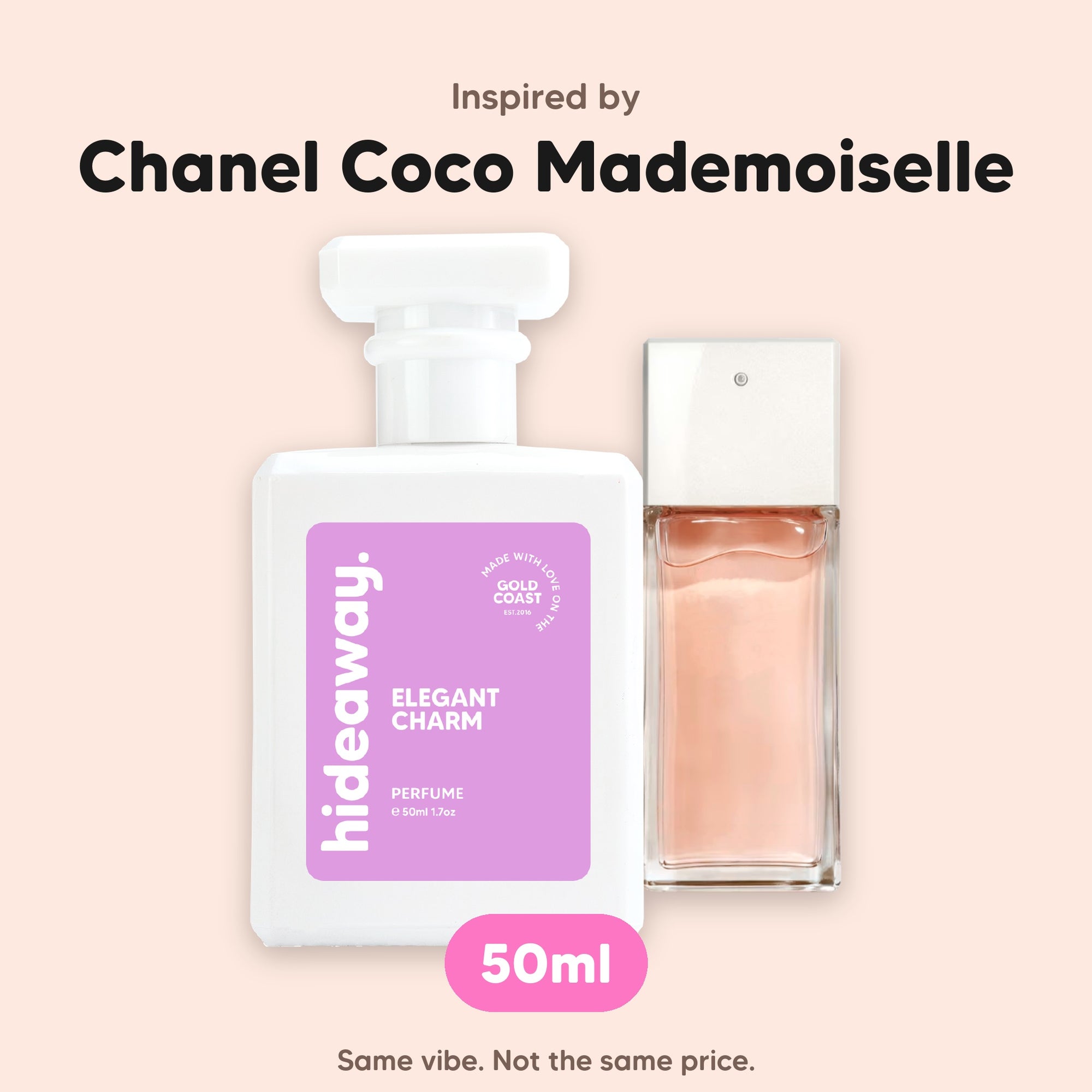 hideaway. Elegant Charm perfume 50ml beside the Chanel Coco Mademoiselle bottle it is inspired by, handmade on the Gold Coast