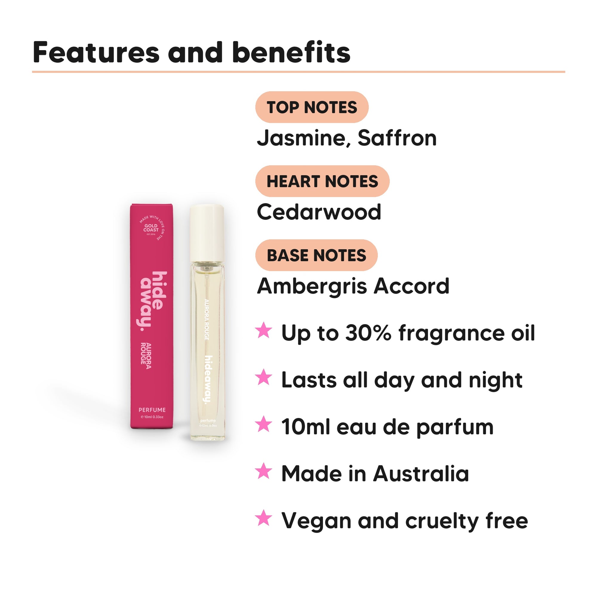 Aurora Rouge Perfume 10ml features, top notes Jasmine, Saffron, heart notes Cedarwood, base notes Ambergris Accord, 10ml, vegan and cruelty free