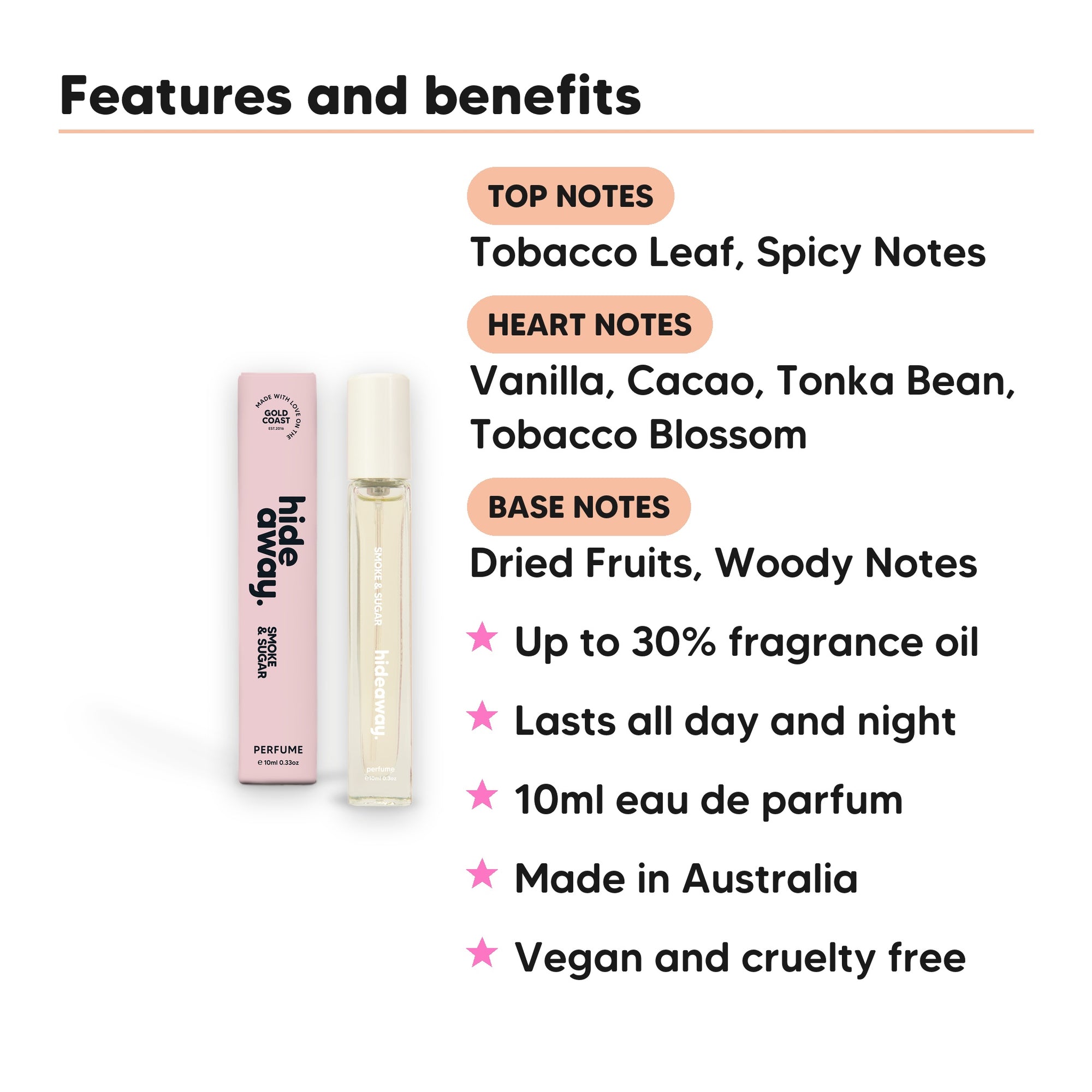 Smoke & Sugar Perfume 10ml features, top notes Tobacco Leaf, Spicy Notes, heart notes Vanilla, Cacao, Tonka Bean, Tobacco Blossom, base notes Dried Fruits, Woody Notes, 10ml, vegan and cruelty free