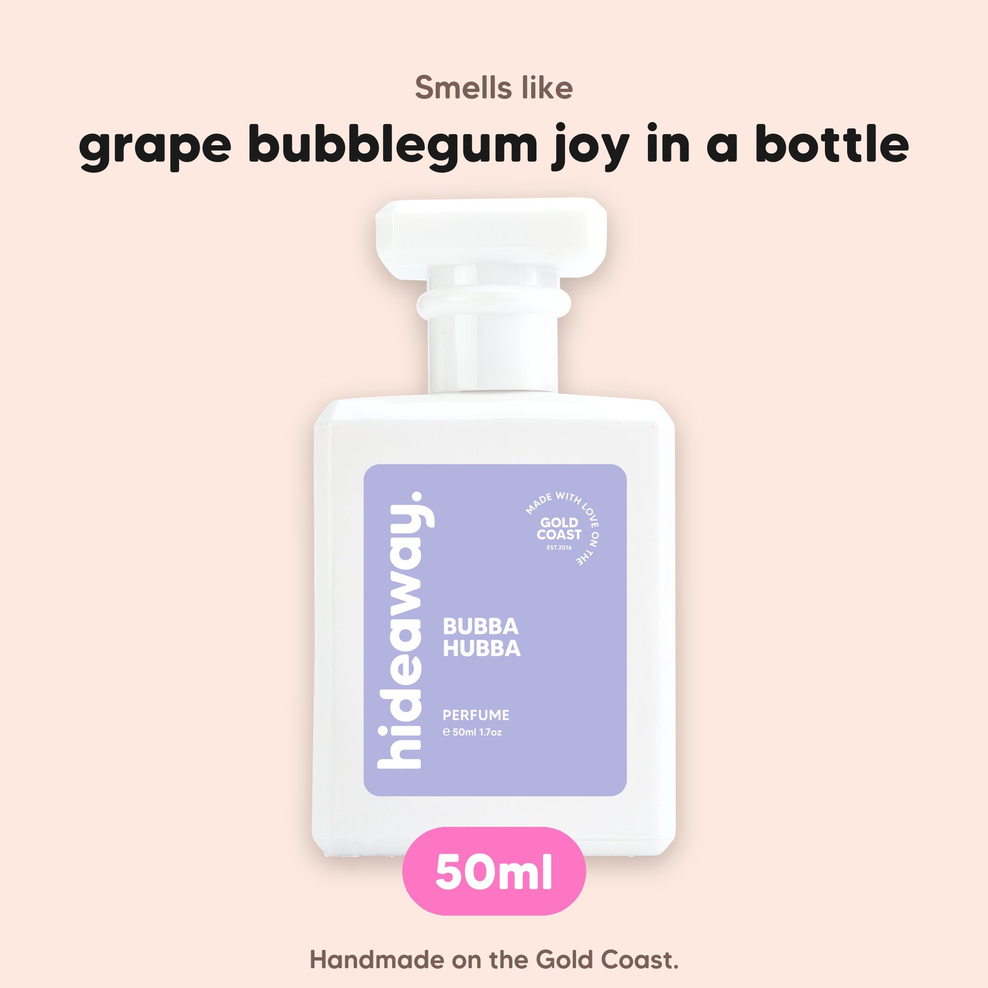 hideaway. Bubba Hubba perfume 50ml bottle, vegan and handmade on the Gold Coast