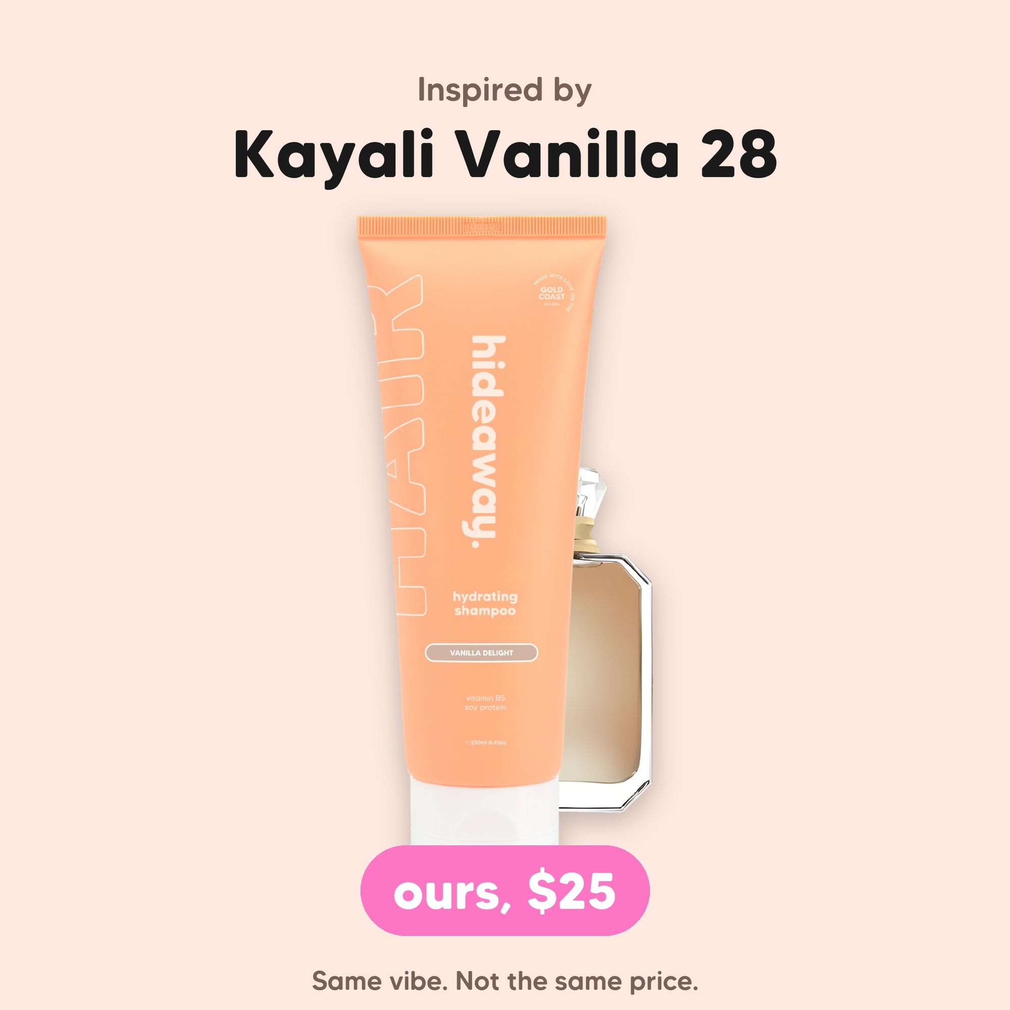 hideaway. Vanilla Delight Shampoo, inspired by Kayali Vanilla 28, $25, made in Australia