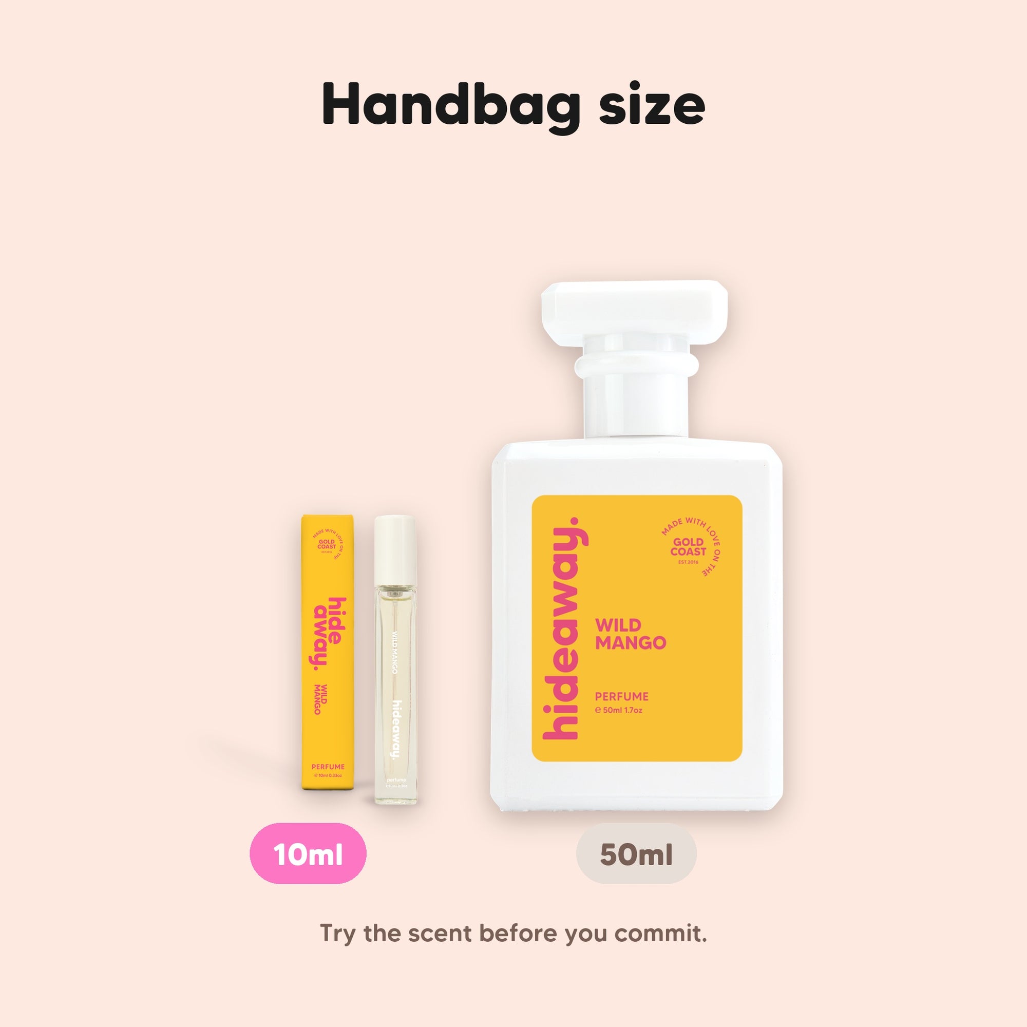 hideaway. Wild Mango perfume 10ml travel size beside the 50ml bottle, handbag size, $10