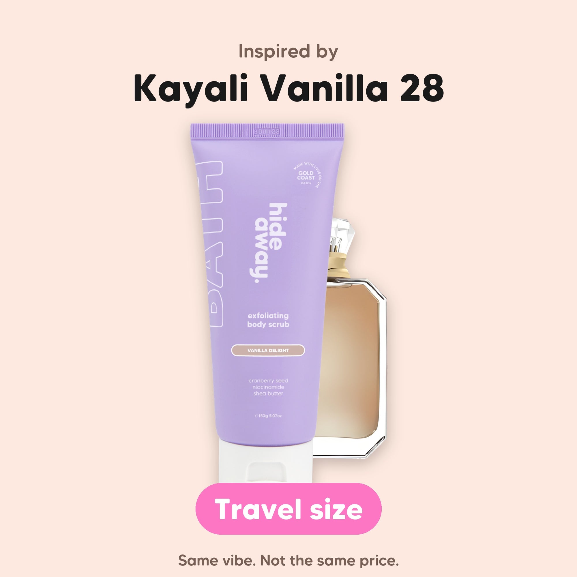 hideaway. Mini Vanilla Delight Body Scrub, inspired by Kayali Vanilla 28, travel size, made in Australia