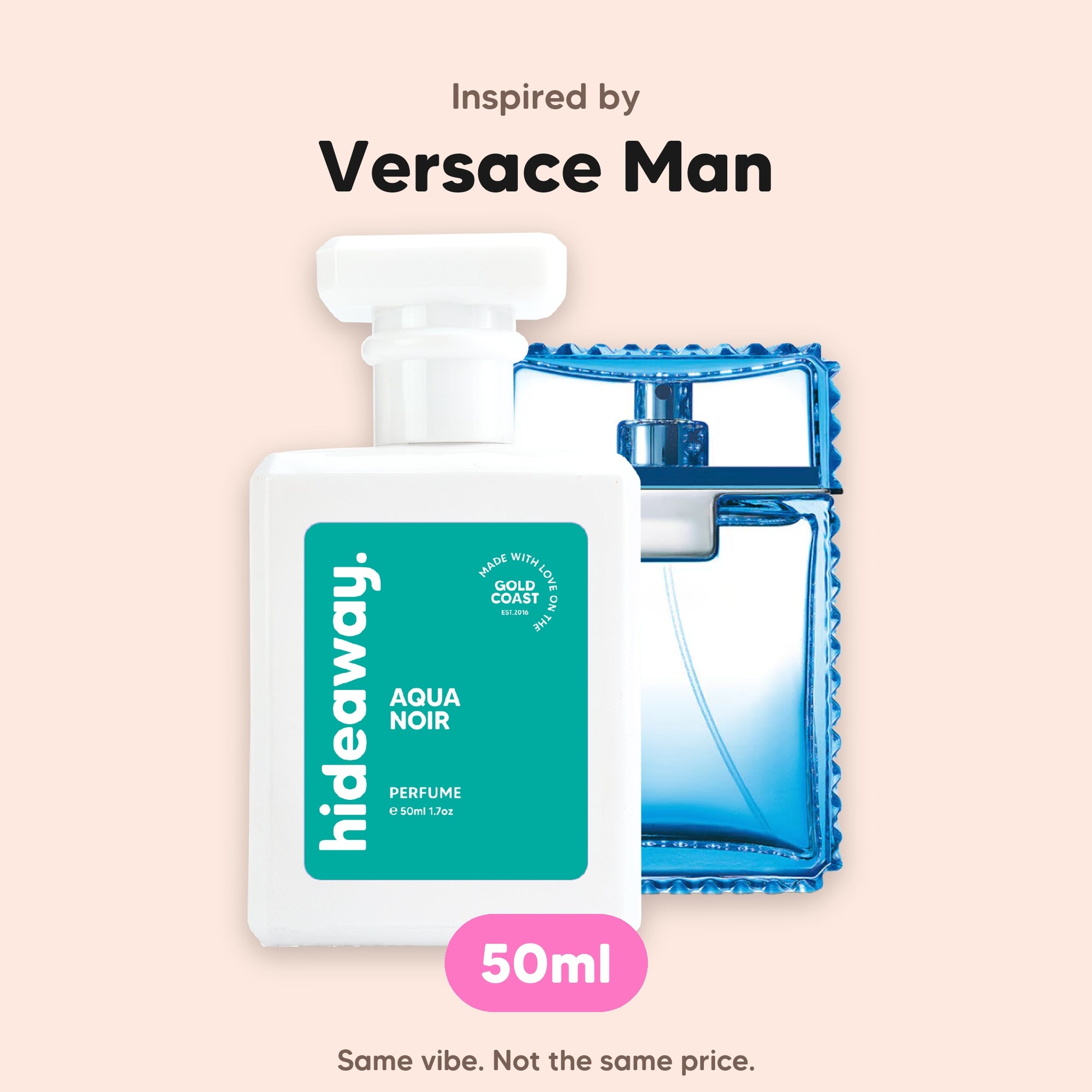 hideaway. Aqua Noir perfume 50ml beside the Versace Man bottle it is inspired by, handmade on the Gold Coast