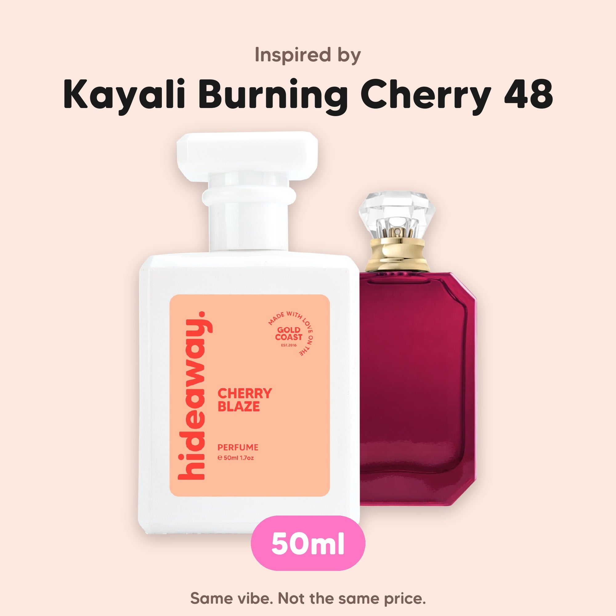 hideaway. Cherry Blaze perfume 50ml beside the Kayali Burning Cherry 48 bottle it is inspired by, handmade on the Gold Coast