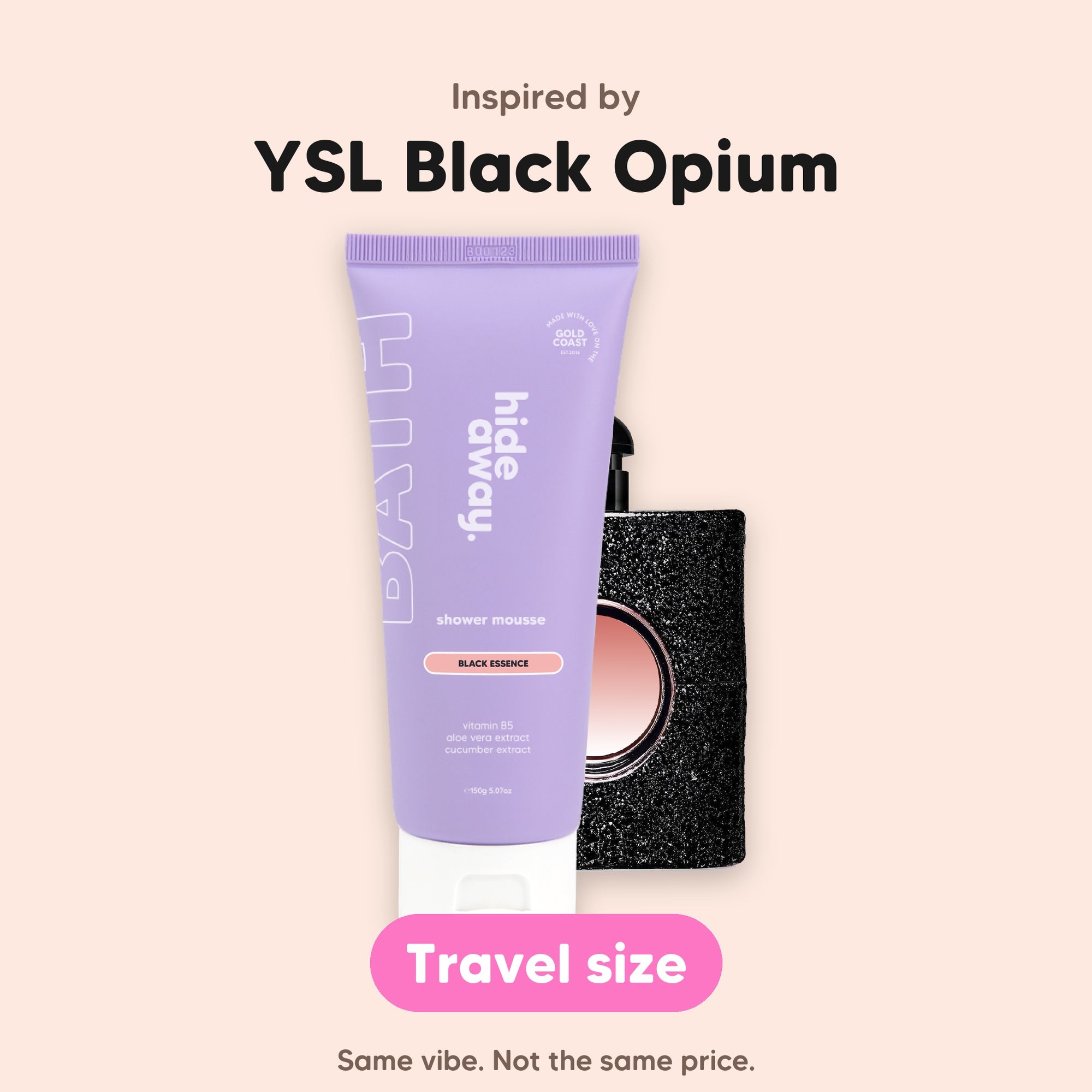 hideaway. Mini Black Essence Shower Mousse, inspired by YSL Black Opium, travel size, made in Australia