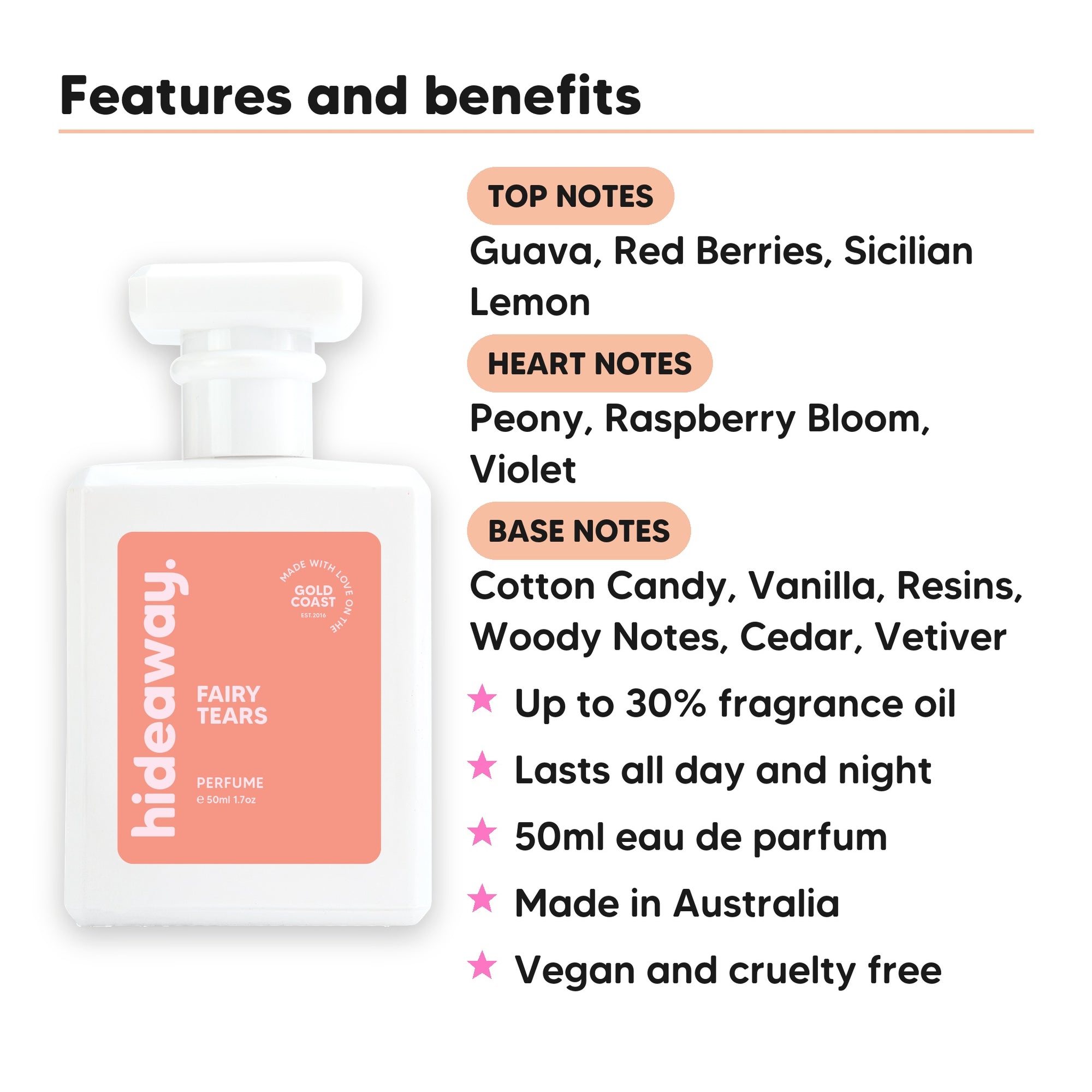 Fairy Tears perfume scent notes, top notes Guava, Red Berries, Sicilian Lemon, heart notes Peony, Raspberry Bloom, Violet, base notes Cotton Candy, Vanilla, Resins, Woody Notes, Cedar, Vetiver