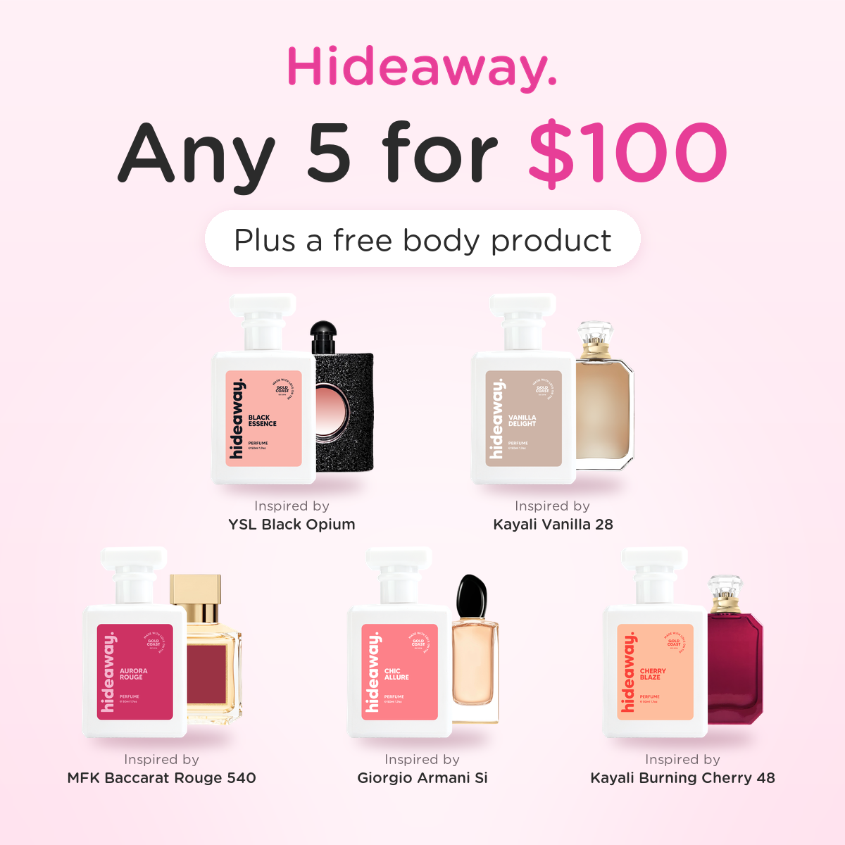 Hideaway. Mix & Match 5 Perfumes, any 5 for $100 plus a free body product