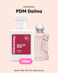 hideaway. Delicate Rose perfume 50ml beside the Parfums de Marly Delina bottle it is inspired by, handmade on the Gold Coast