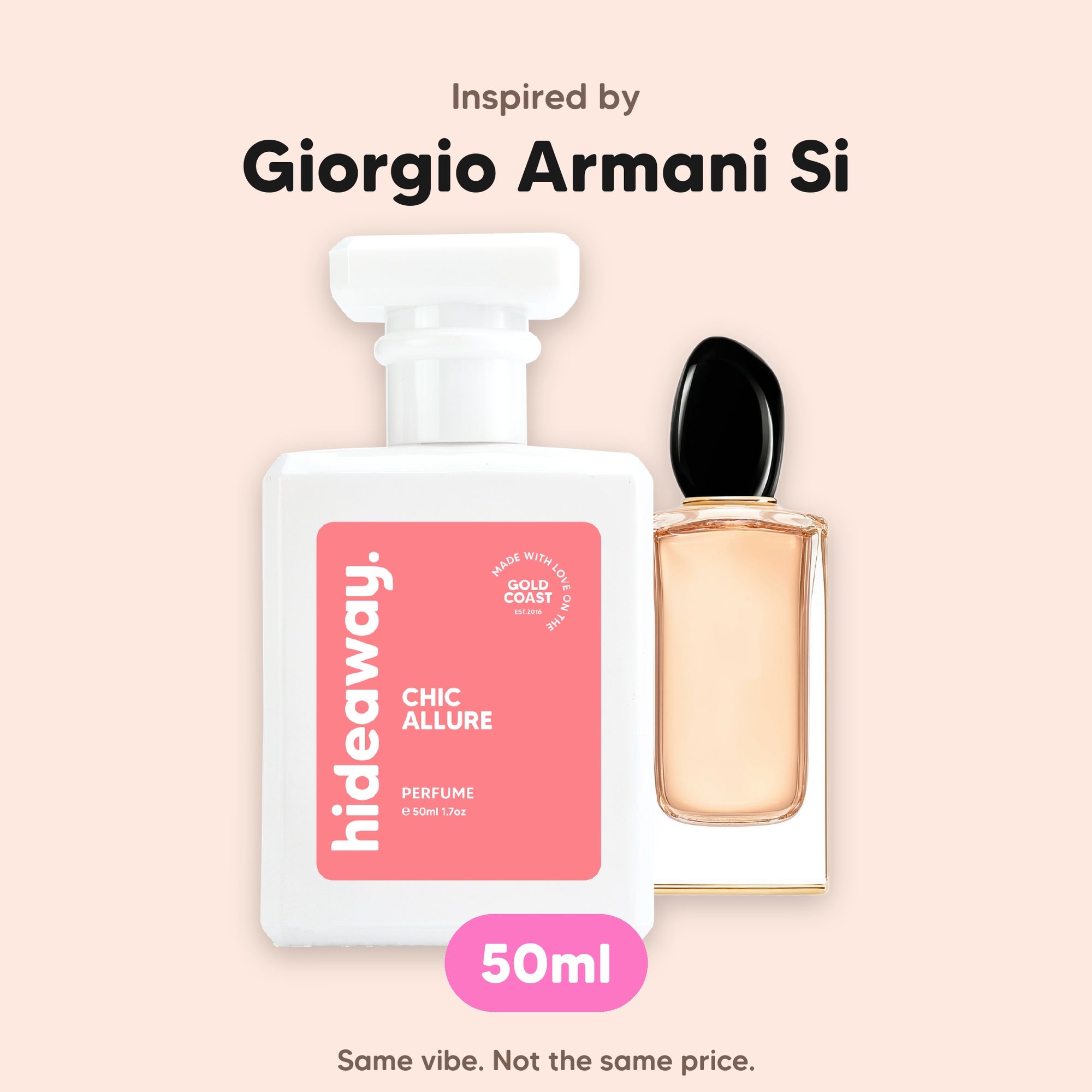hideaway. Chic Allure perfume 50ml beside the Giorgio Armani Si bottle it is inspired by, handmade on the Gold Coast