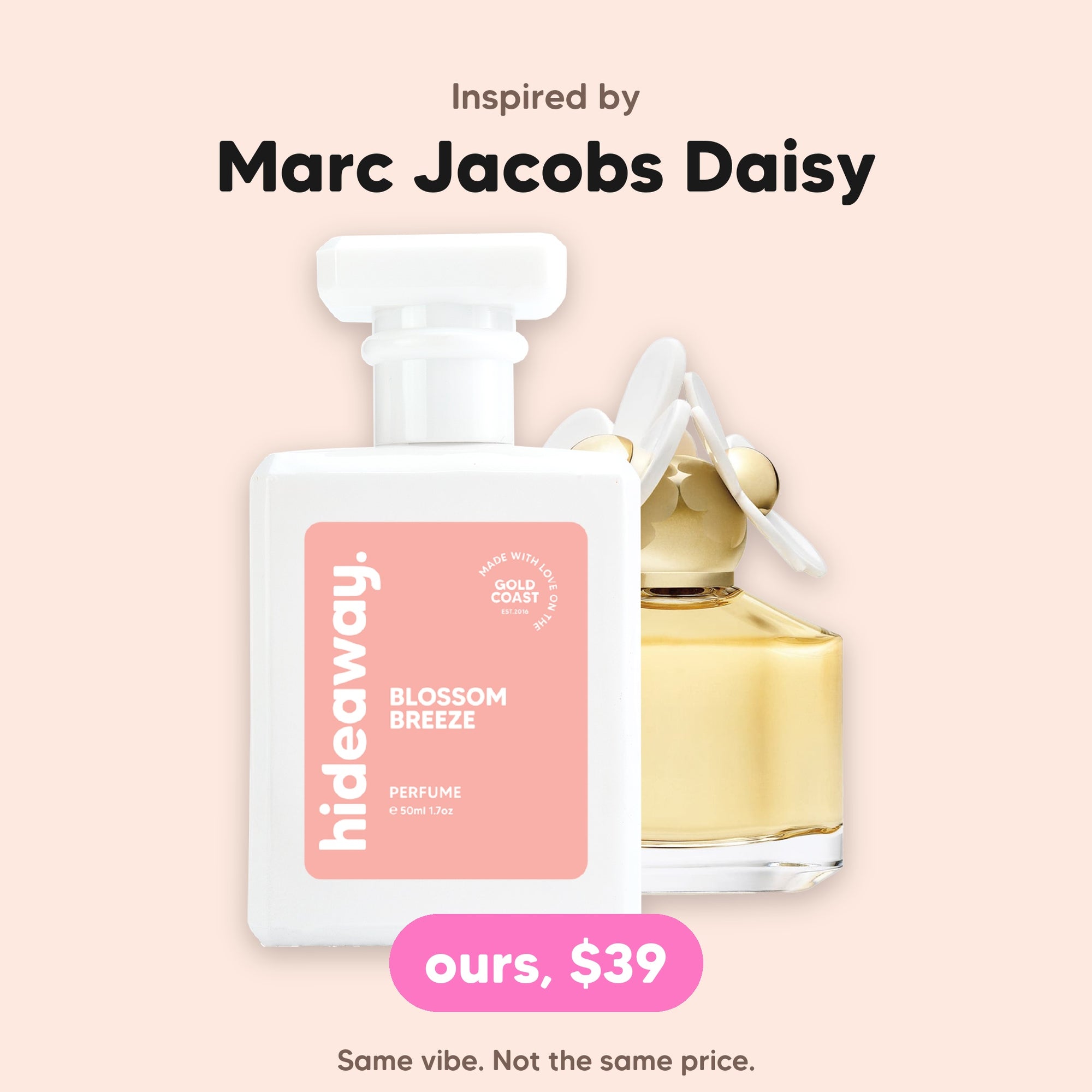 hideaway. Blossom Breeze perfume 50ml beside the Marc Jacobs Daisy bottle it is inspired by, $39, handmade on the Gold Coast