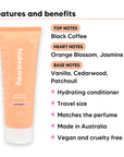 Mini Black Essence Conditioner features, top notes Black Coffee, heart notes Orange Blossom, Jasmine, base notes Vanilla, Cedarwood, Patchouli, travel size, vegan and cruelty free